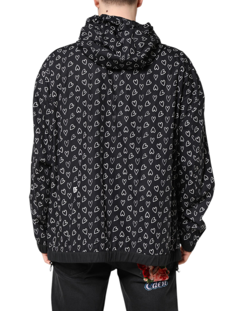 Dolce & Gabbana Black Heart Print Hooded Windbreaker Jacket