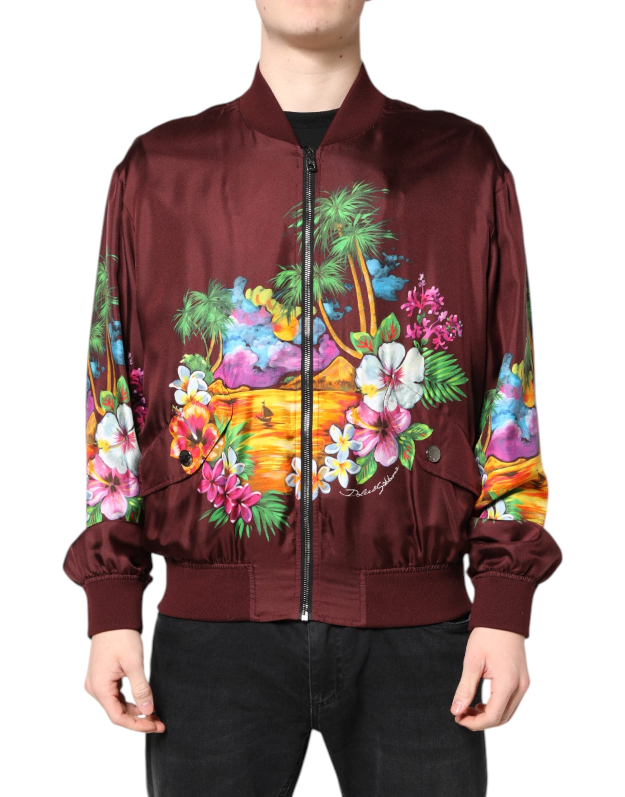 Dolce &amp; Gabbana – Bomberjacke mit durchgehendem Reißverschluss und Blumenmuster in Kastanienbraun