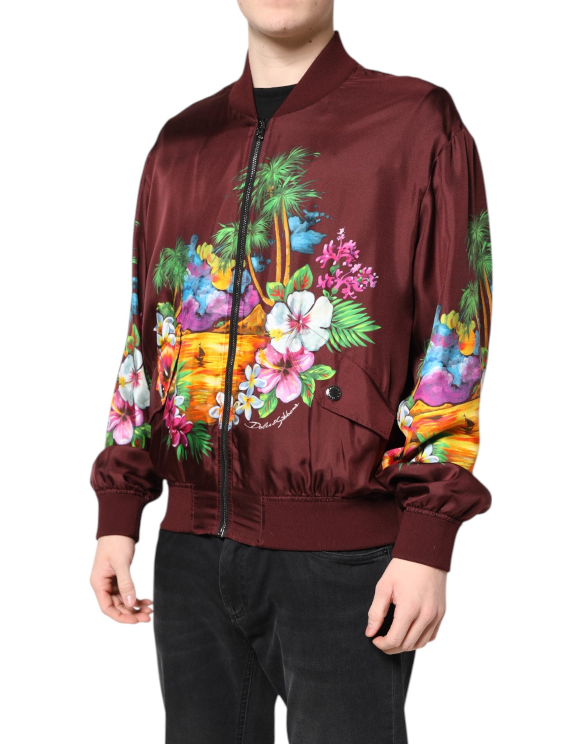 Dolce &amp; Gabbana – Bomberjacke mit durchgehendem Reißverschluss und Blumenmuster in Kastanienbraun