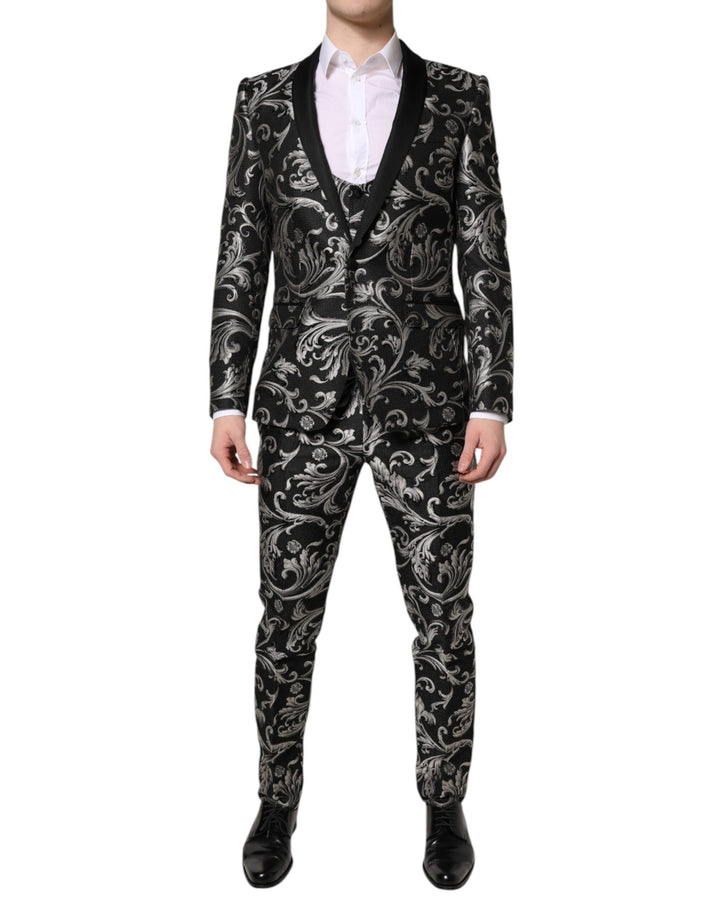 Dolce &amp; Gabbana Schwarz-Grau MARTINI Jacquard Herren 3-teiliger Anzug
