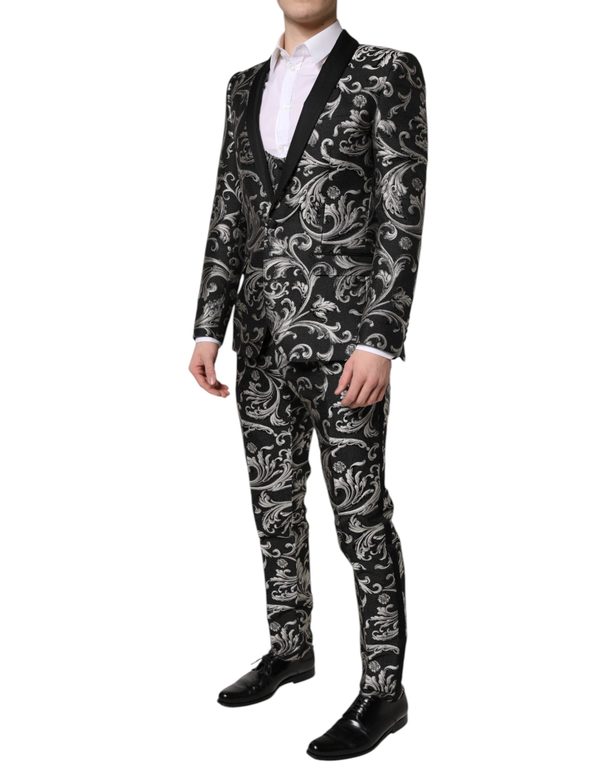 Dolce &amp; Gabbana Schwarz-Grau MARTINI Jacquard Herren 3-teiliger Anzug