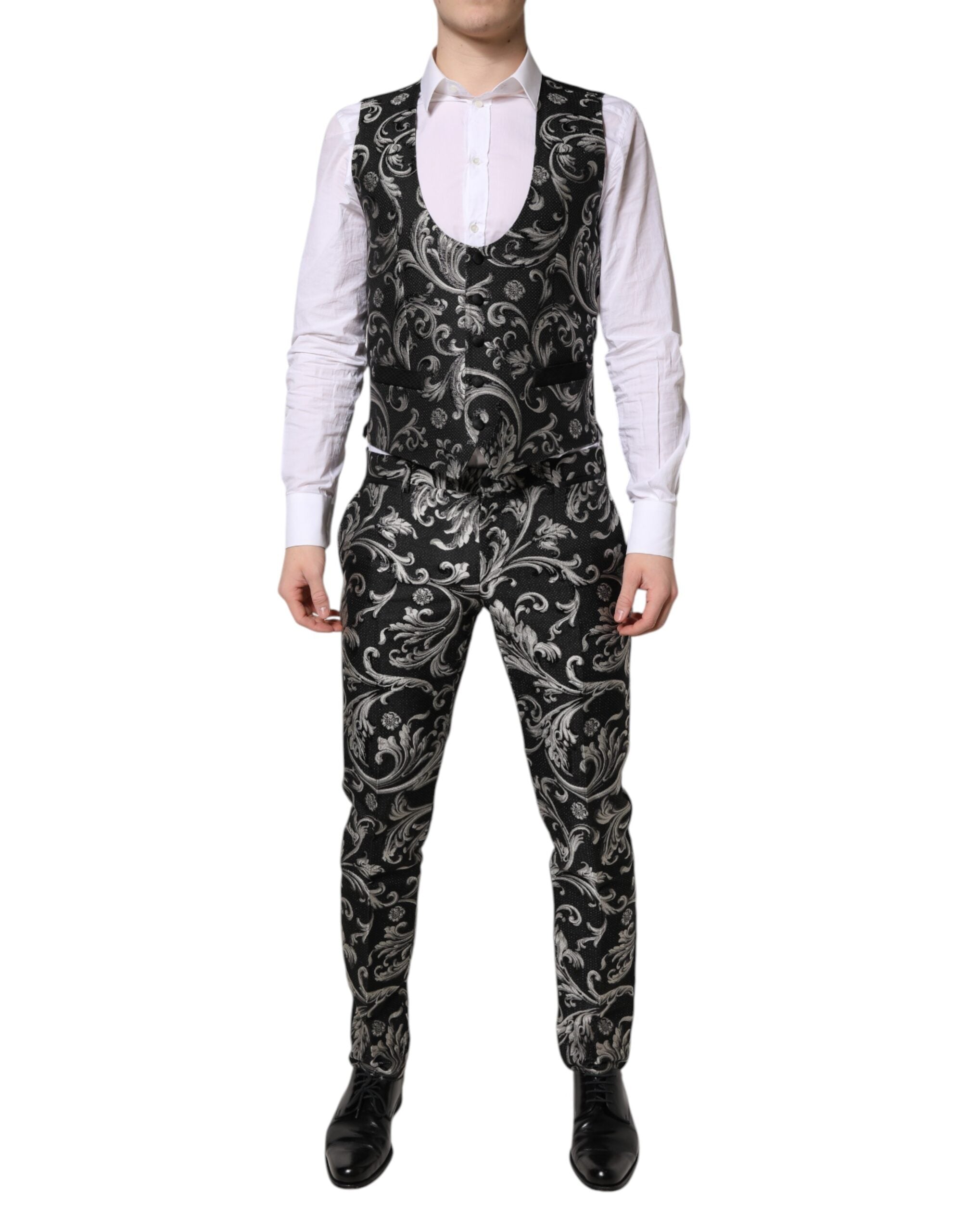 Dolce &amp; Gabbana Schwarz-Grau MARTINI Jacquard Herren 3-teiliger Anzug