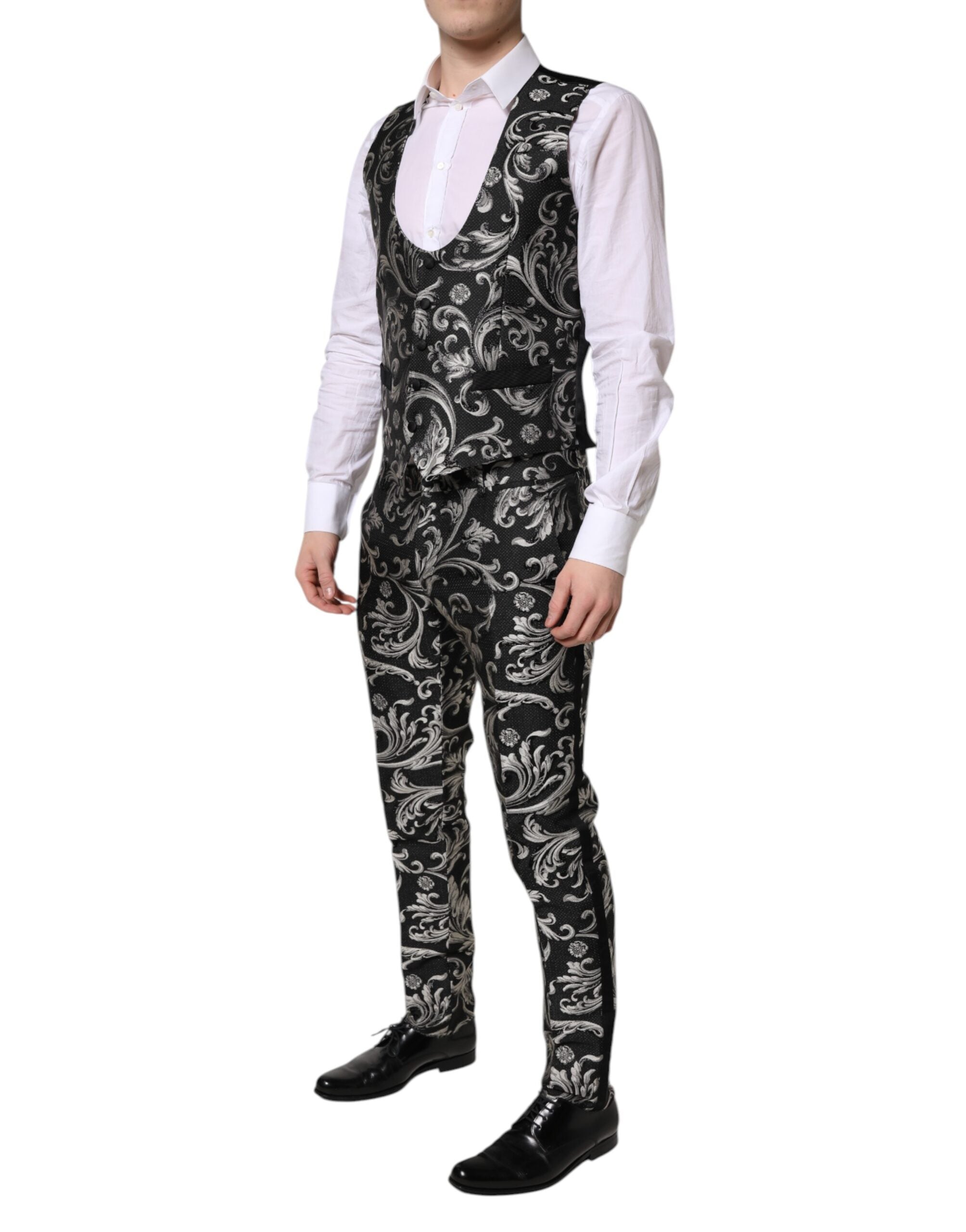 Dolce &amp; Gabbana Schwarz-Grau MARTINI Jacquard Herren 3-teiliger Anzug