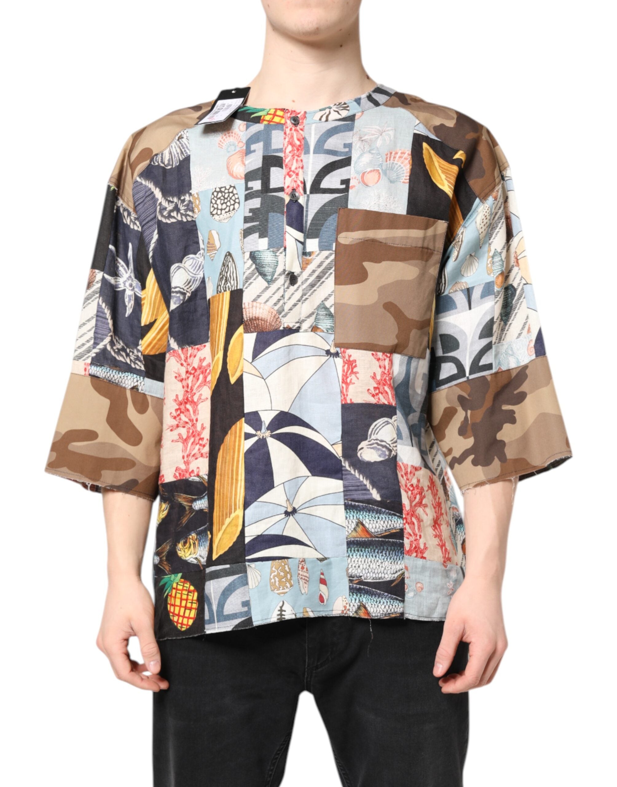 Dolce &amp; Gabbana – Mehrfarbiges Patchwork-Hemd mit kurzen Ärmeln