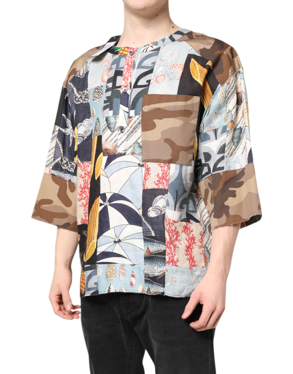 Dolce &amp; Gabbana – Mehrfarbiges Patchwork-Hemd mit kurzen Ärmeln
