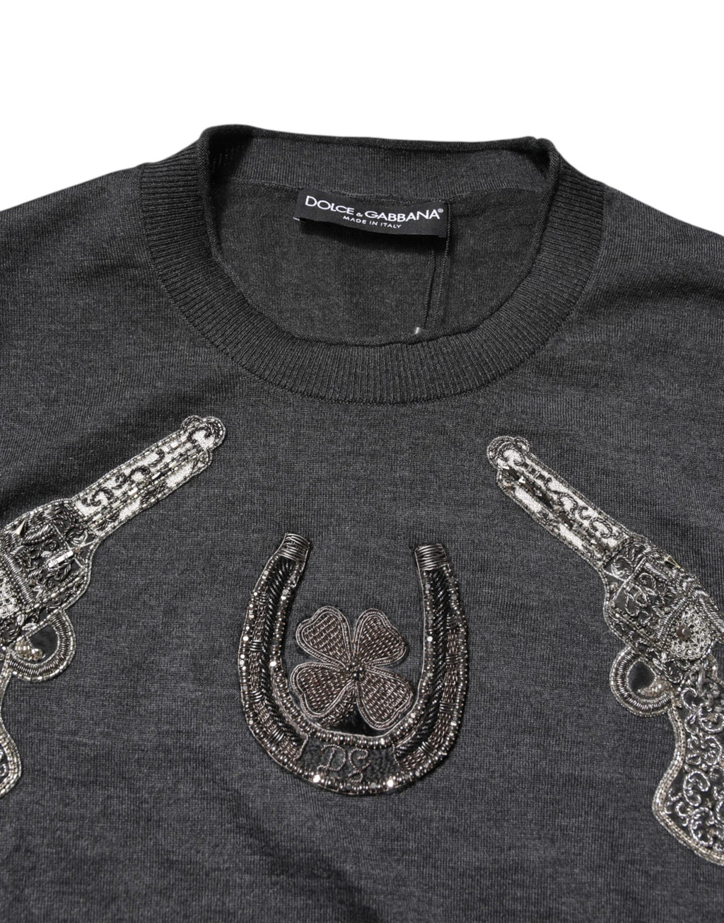 Dolce &amp; Gabbana Grauer Strickpullover mit Stickerei für Herren