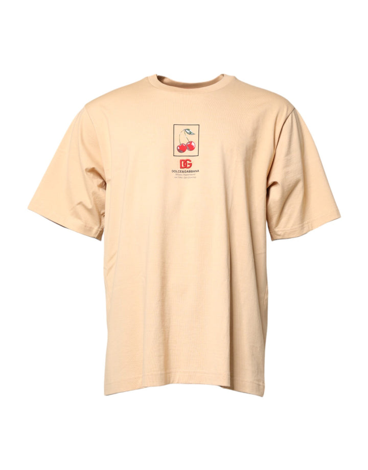 Dolce &amp; Gabbana Beiges Baumwoll-T-Shirt mit Rundhalsausschnitt und Logo-Print