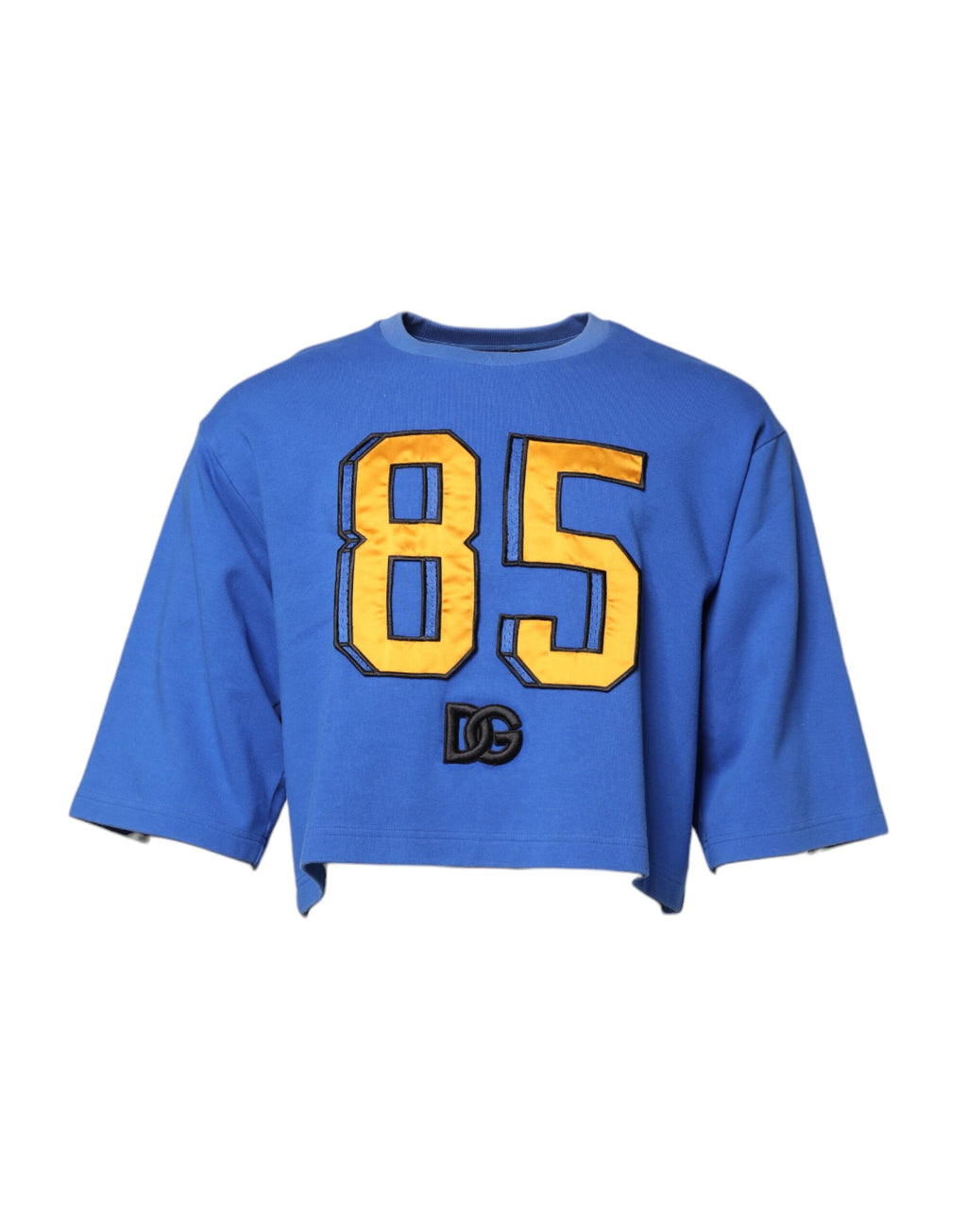 Dolce &amp; Gabbana – Kurzes T-Shirt aus Baumwolle mit Rundhalsausschnitt und Print in Blau