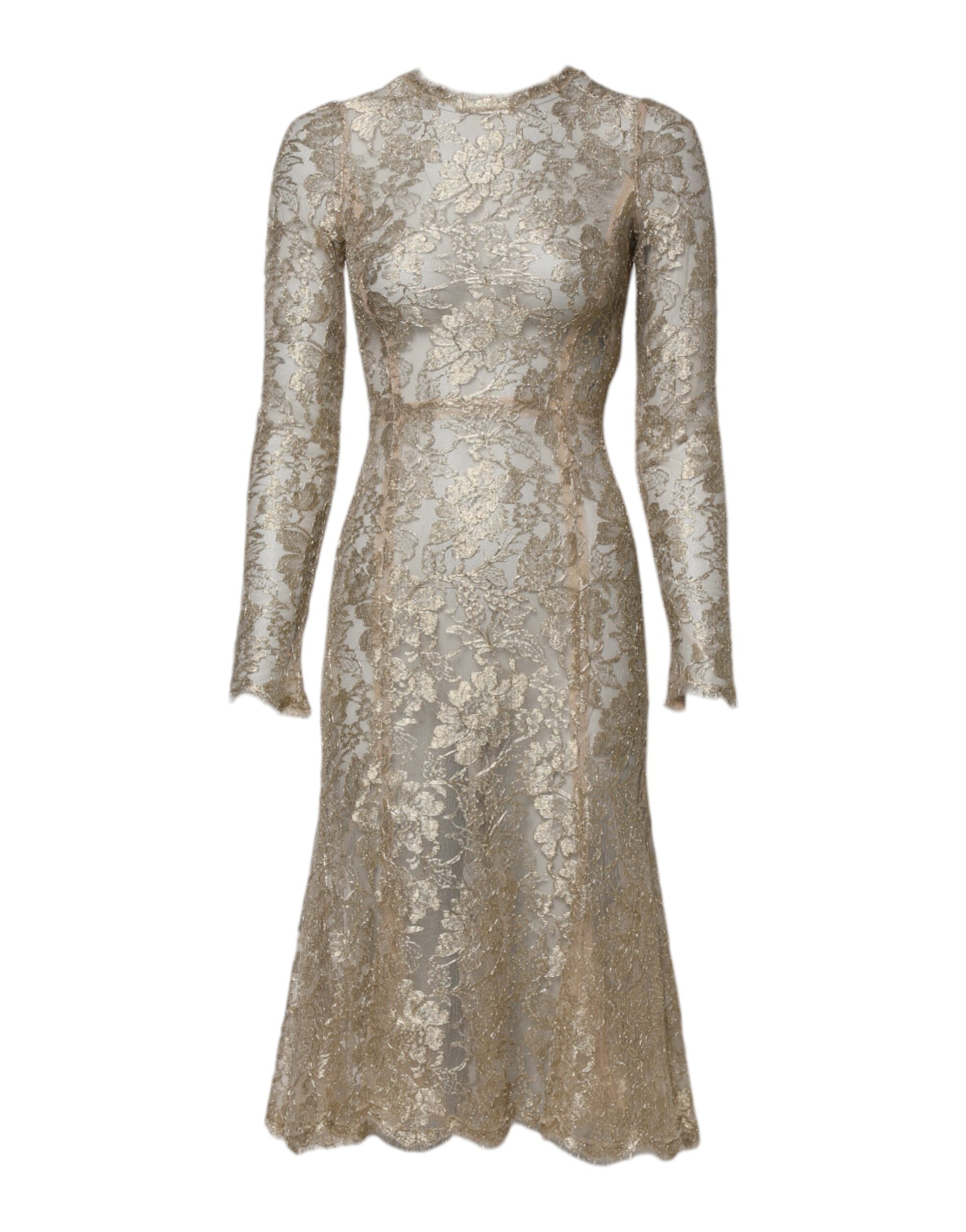 Dolce &amp; Gabbana – Figurbetontes Kleid mit langen Ärmeln und Blumenspitze in Gold