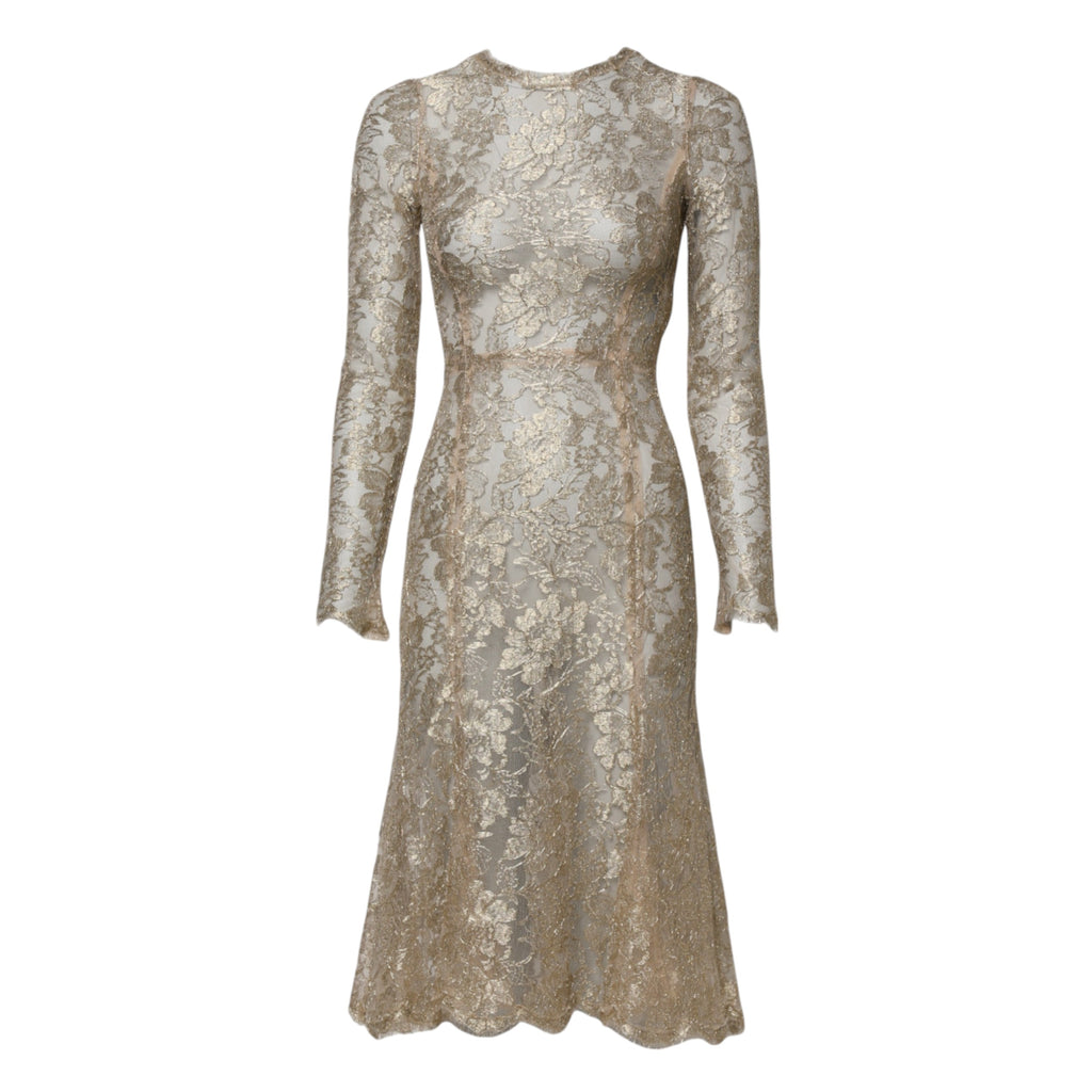Dolce &amp; Gabbana – Figurbetontes Kleid mit langen Ärmeln und Blumenspitze in Gold