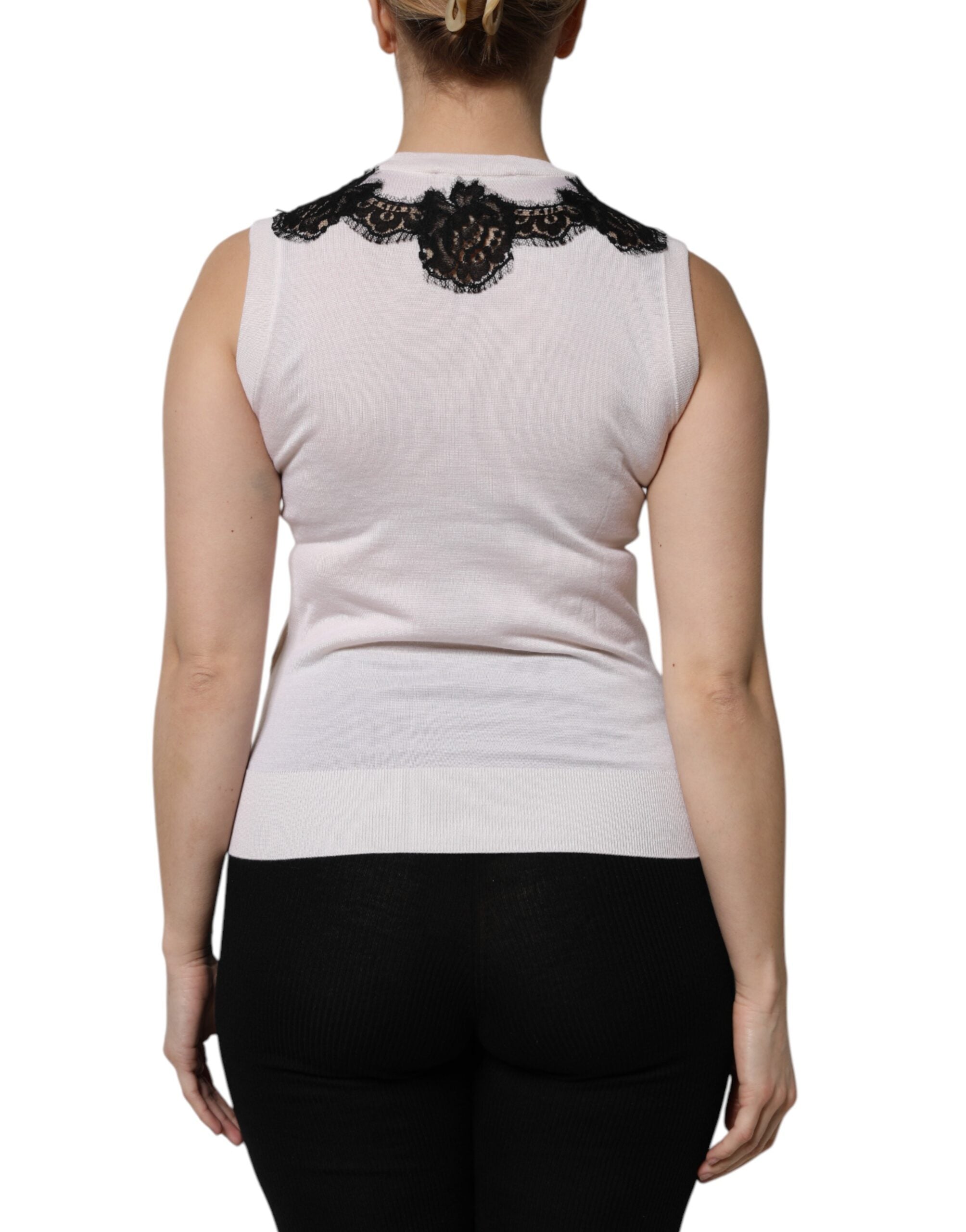 Dolce & Gabbana White Cashmere Floral Lace Detailing Tank Top
