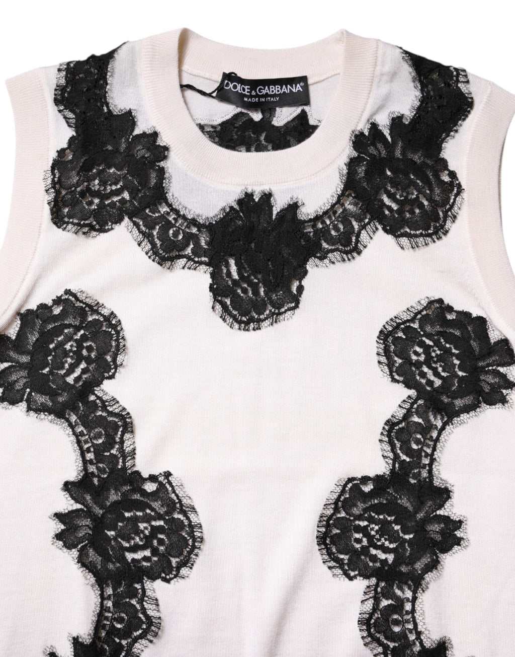Dolce & Gabbana White Cashmere Floral Lace Detailing Tank Top