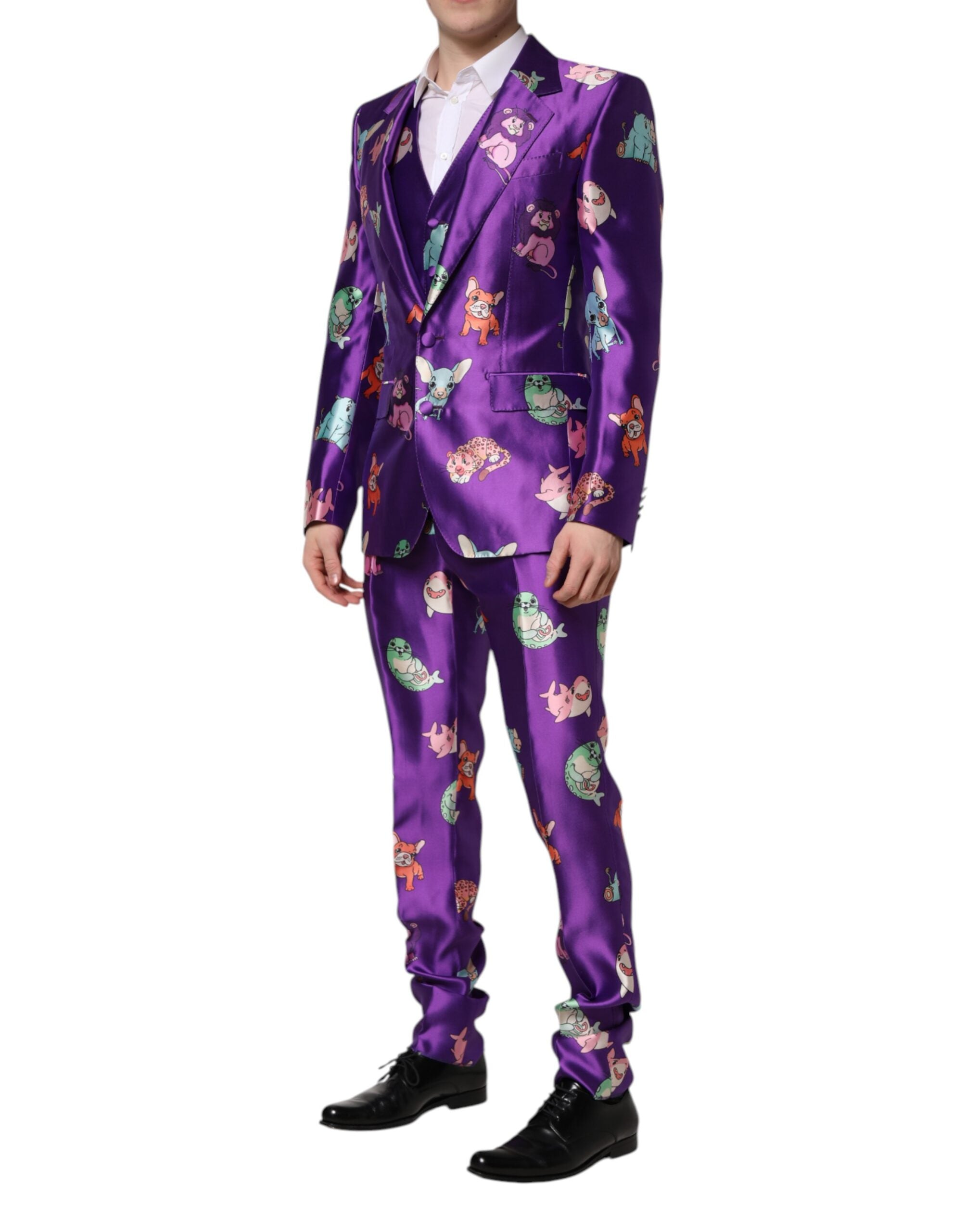Dolce &amp; Gabbana – Lilafarbener 3-teiliger Seidenanzug mit Animalprint