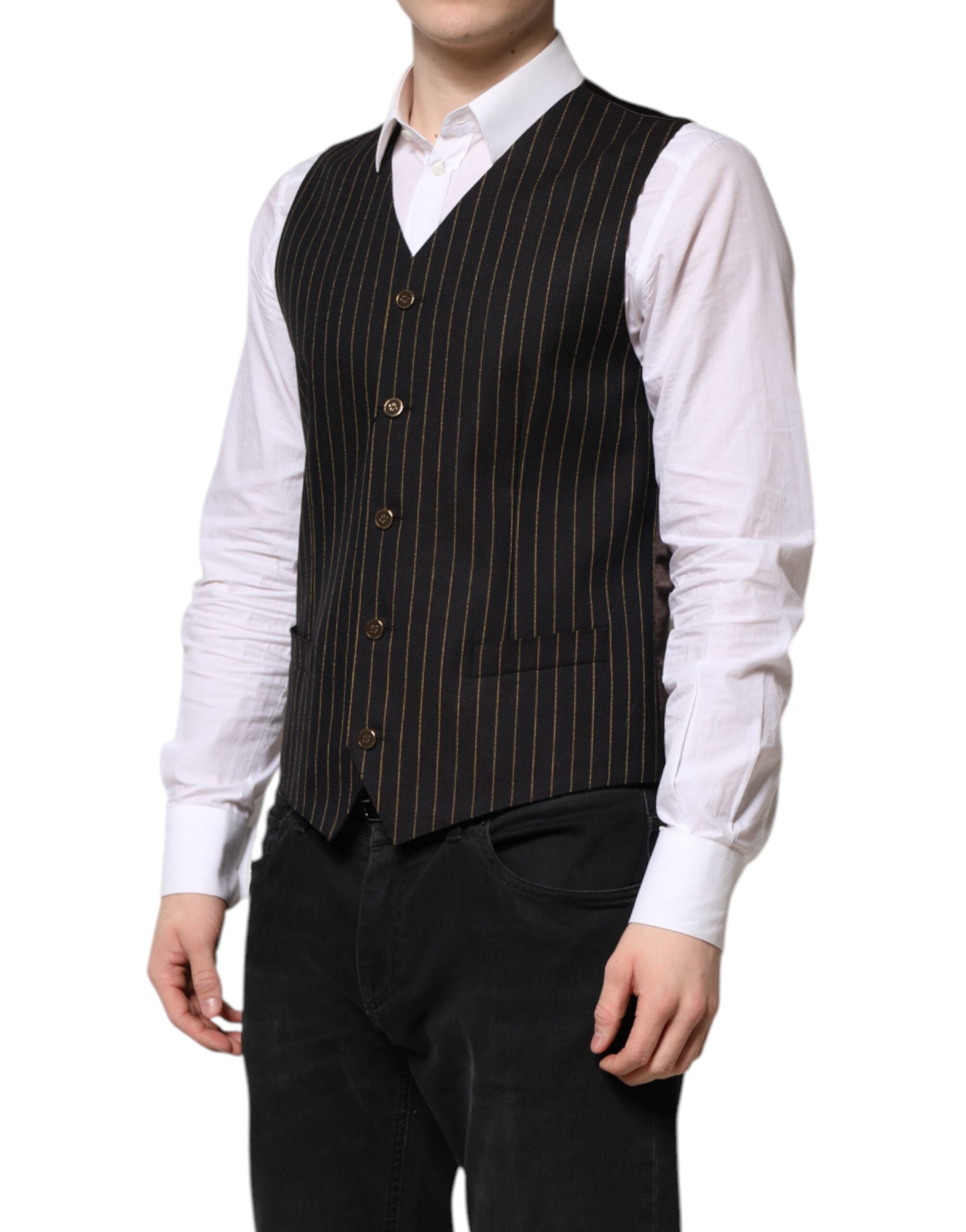 Dolce &amp; Gabbana Schwarze Streifen Wolle Formale Herren Weste