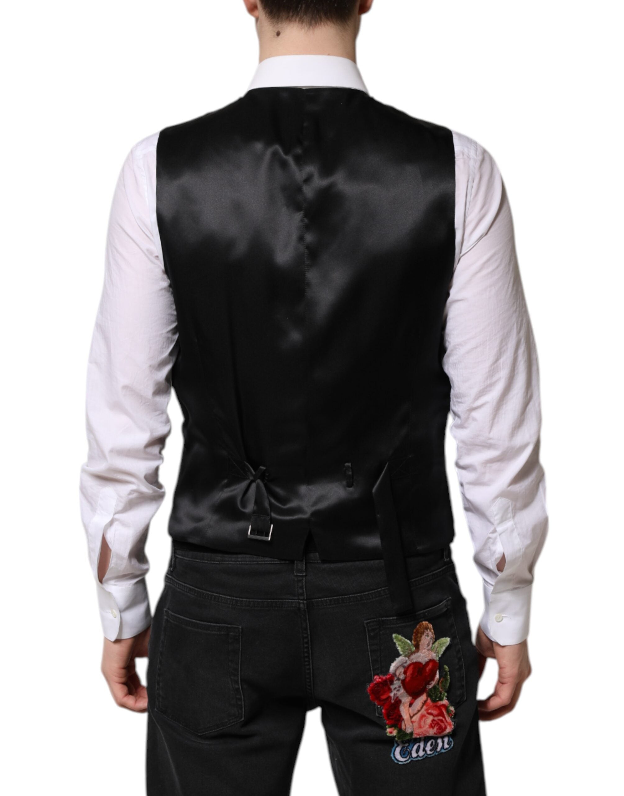 Dolce &amp; Gabbana Schwarz Gold Jacquard Formelle Herren Weste