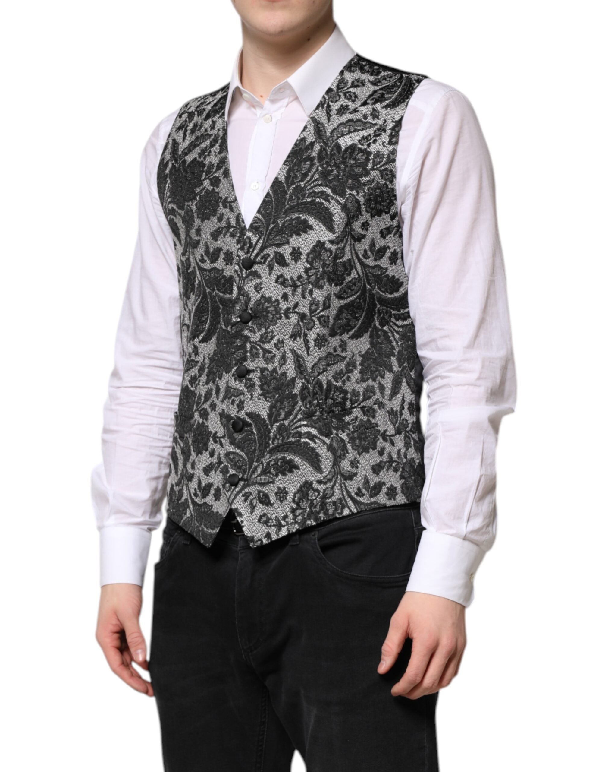 Dolce &amp; Gabbana Schwarz Grau Brokat Formale Herren Weste