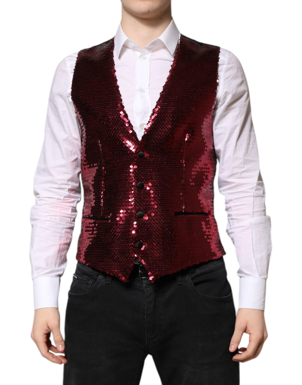 Dolce &amp; Gabbana Rote Weste mit Pailletten für formelle Anlässe für Herren