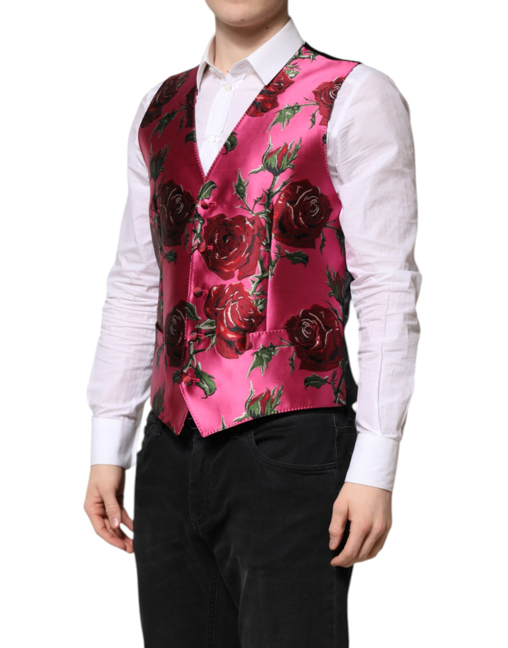 Dolce &amp; Gabbana Rosa florale Satin-Weste für formelle Männer