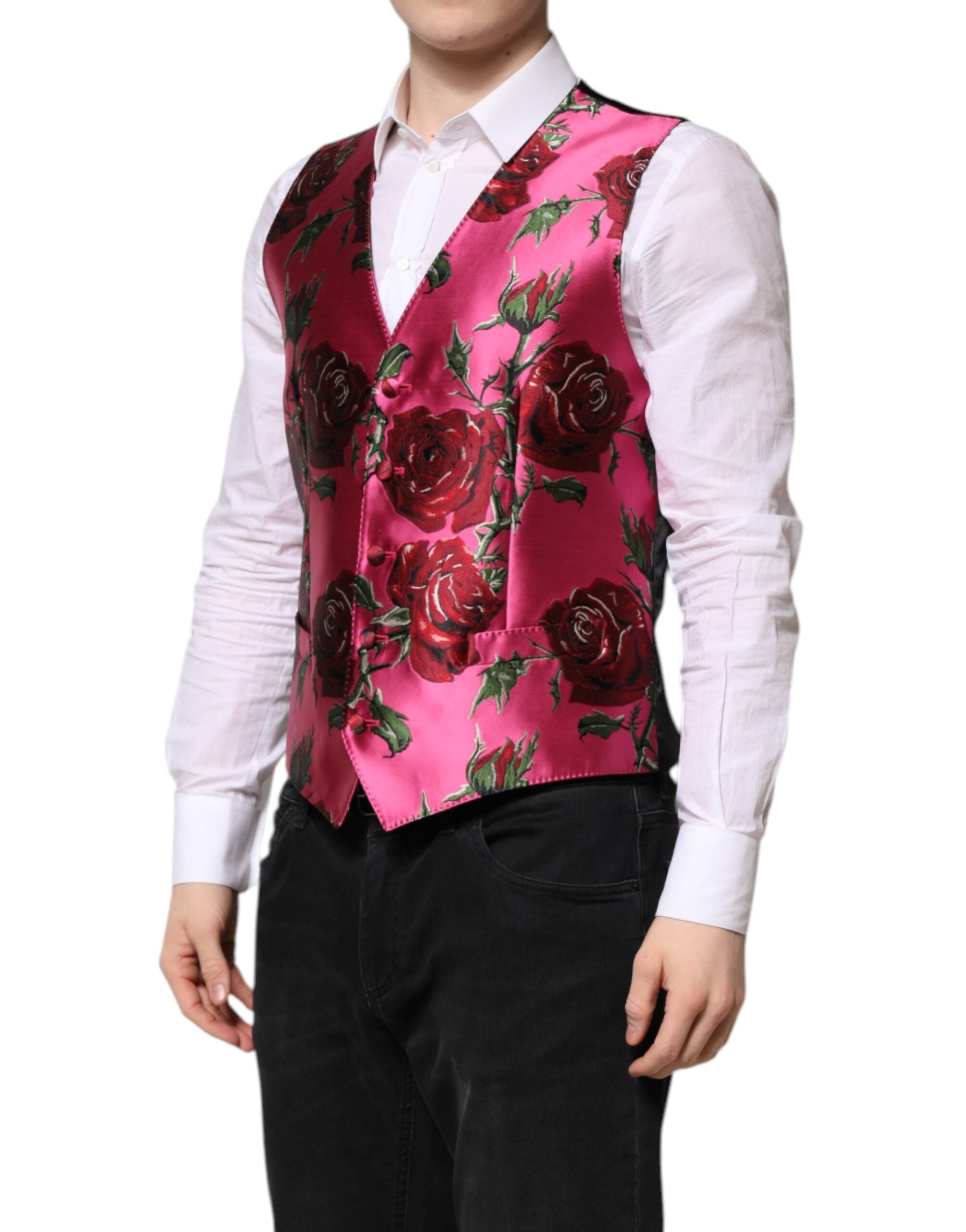 Dolce &amp; Gabbana Rosa florale Satin-Weste für formelle Männer