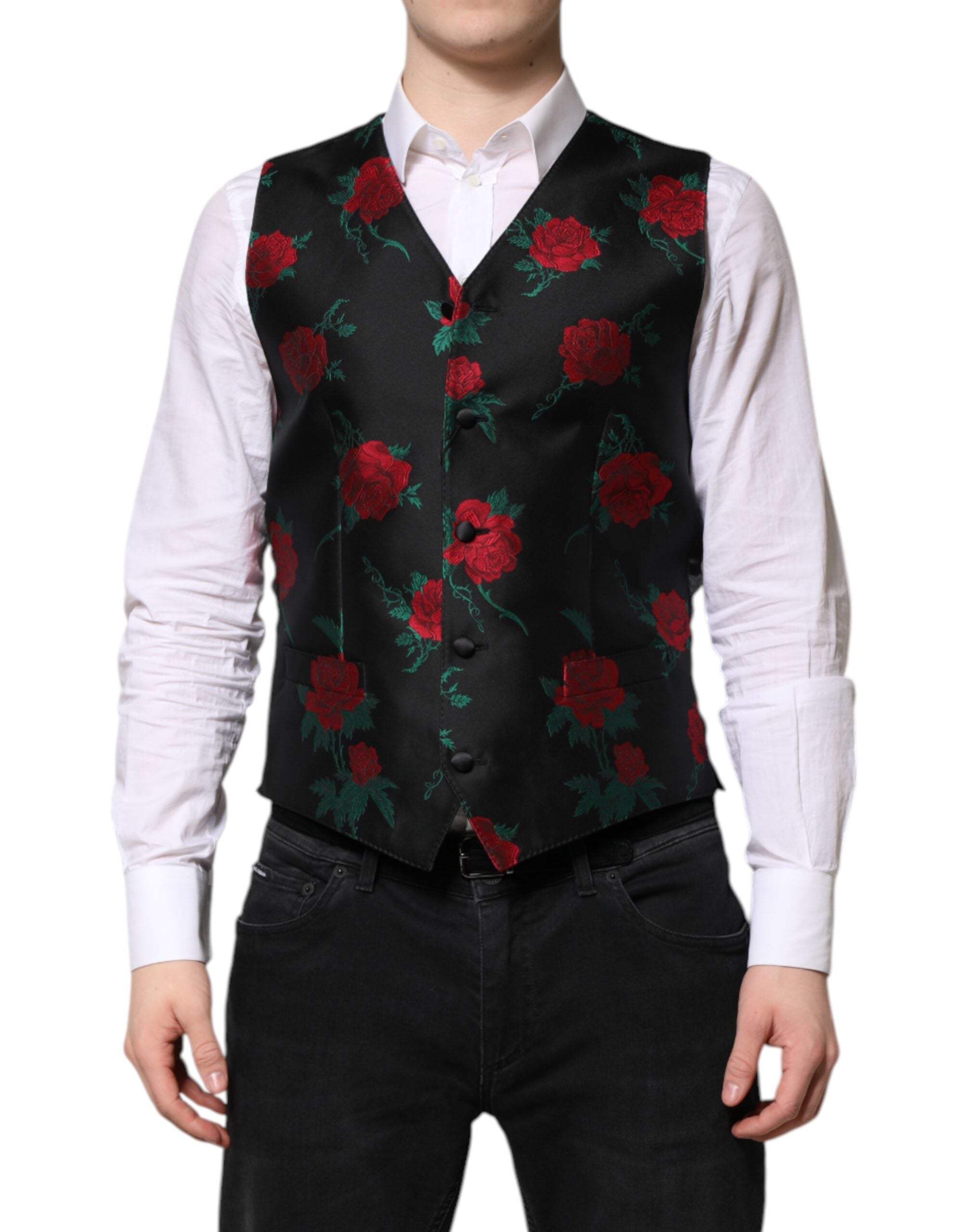 Dolce &amp; Gabbana Rote Weste aus floralem Brokat für formelle Herren