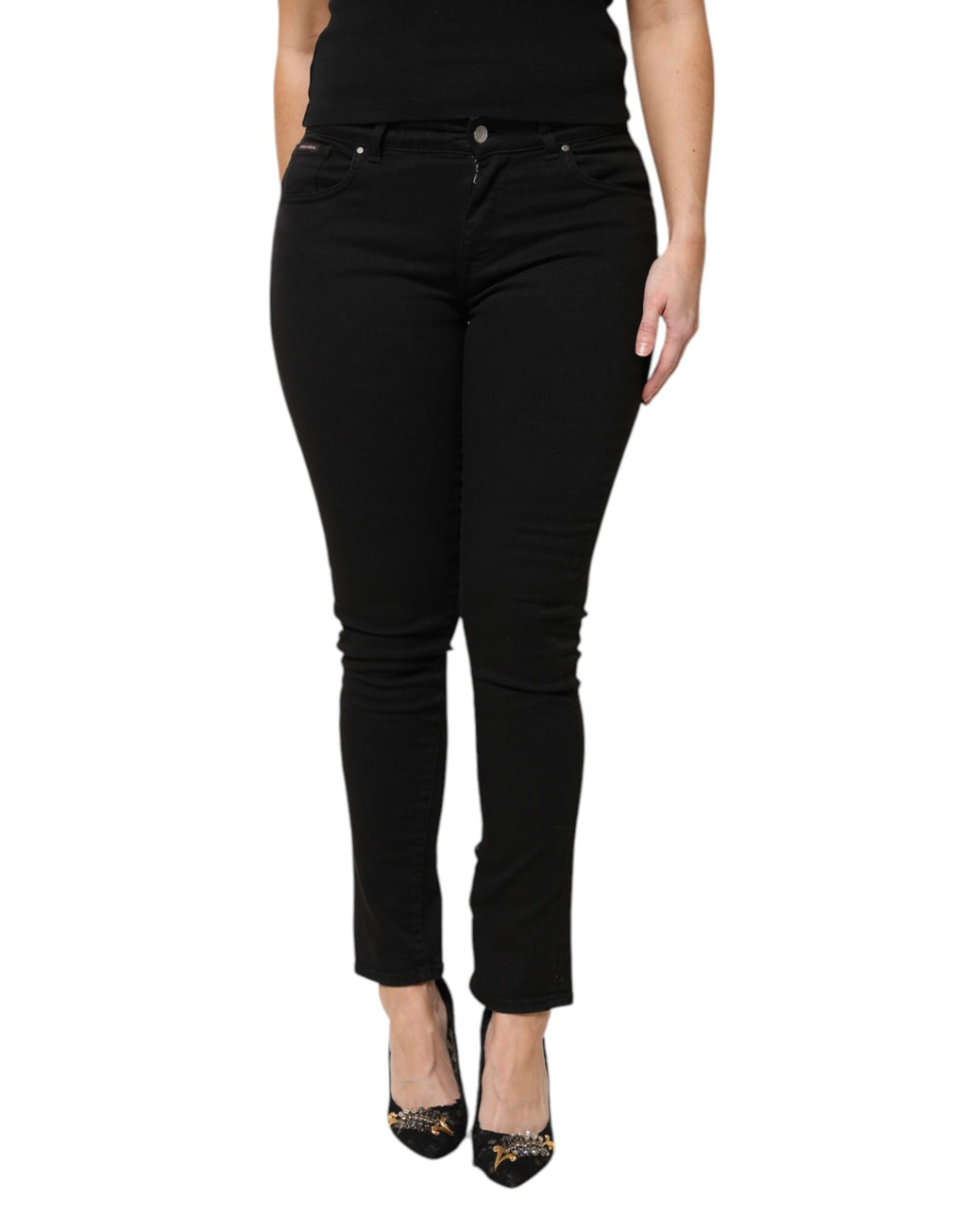 Dolce & Gabbana Black Cotton Logo Mid Waist Skinny Denim Jeans