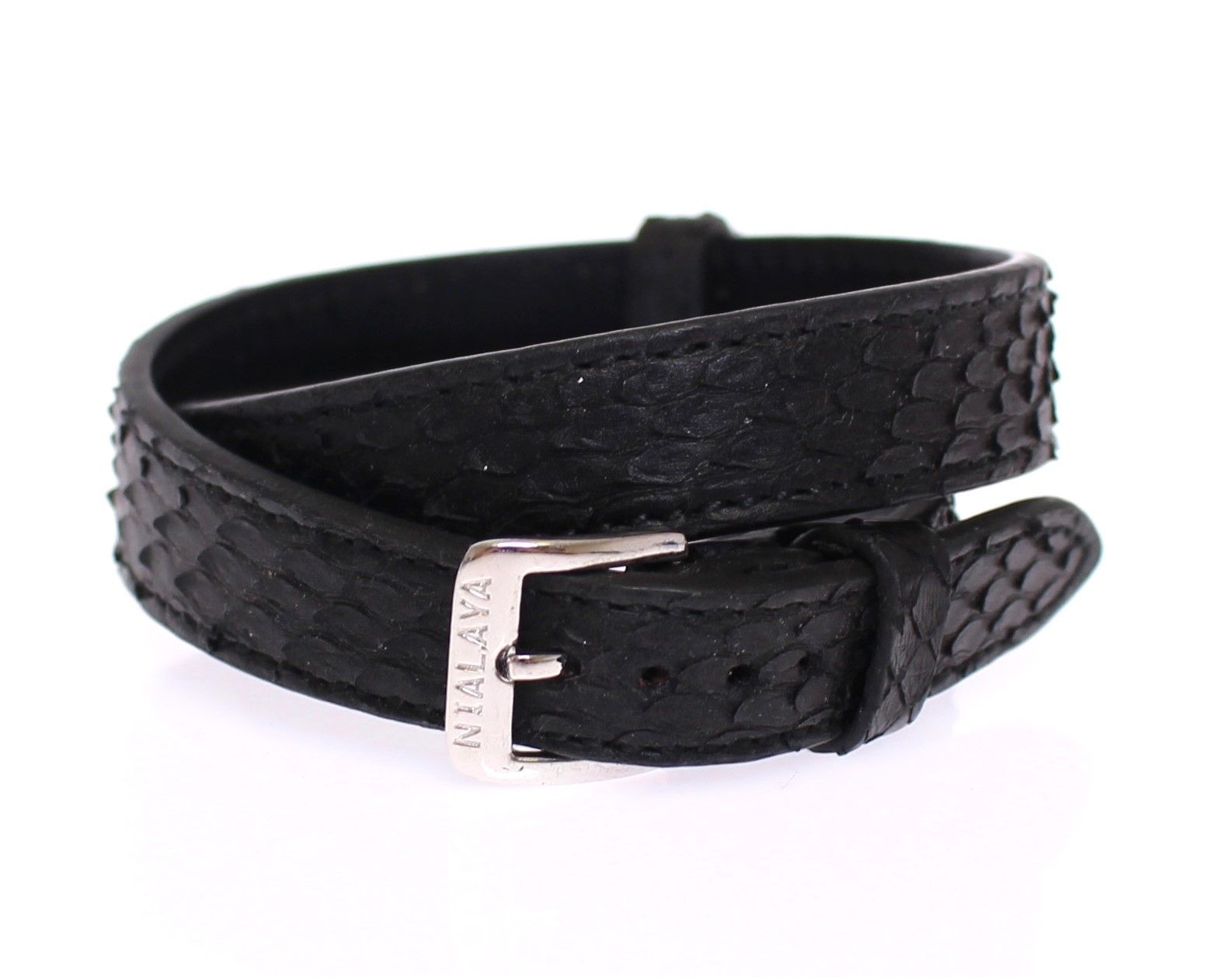Nialaya Exquisites schwarzes Schlangenhaut-Silberarmband