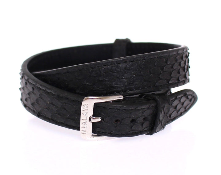 Nialaya Exquisites schwarzes Schlangenhaut-Silberarmband