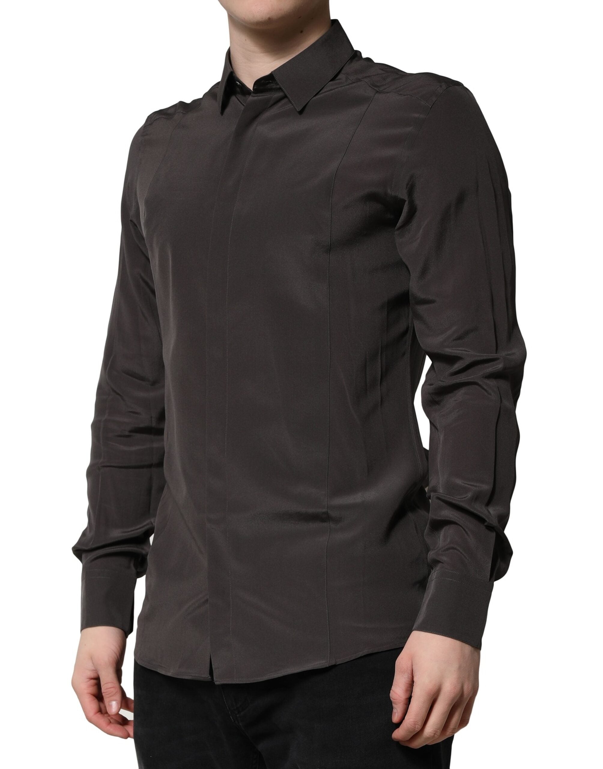 Dolce &amp; Gabbana Dunkelbraunes Seidenhemd GOLD für Herren