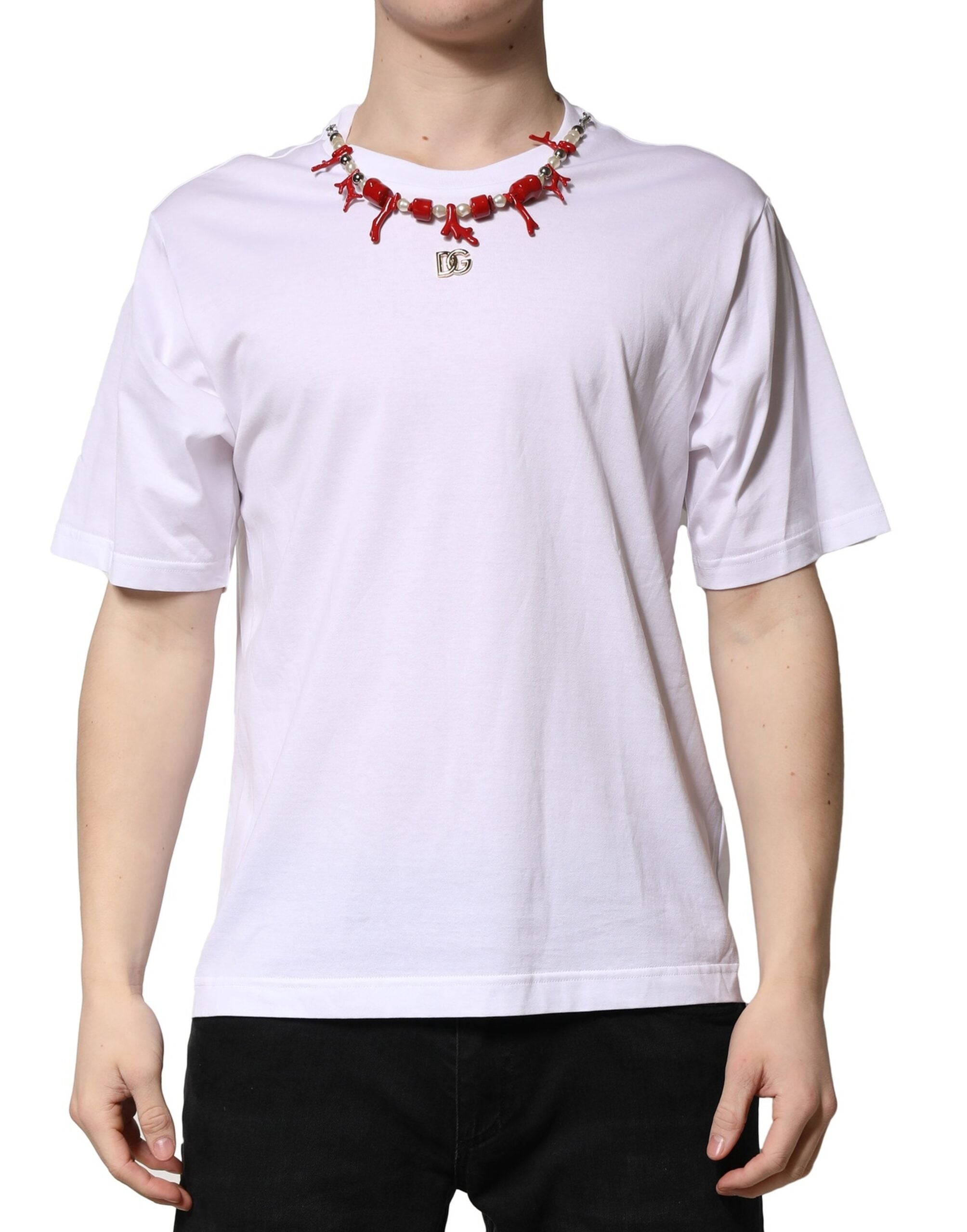 Dolce &amp; Gabbana Weißes verziertes Baumwoll-T-Shirt mit Rundhalsausschnitt