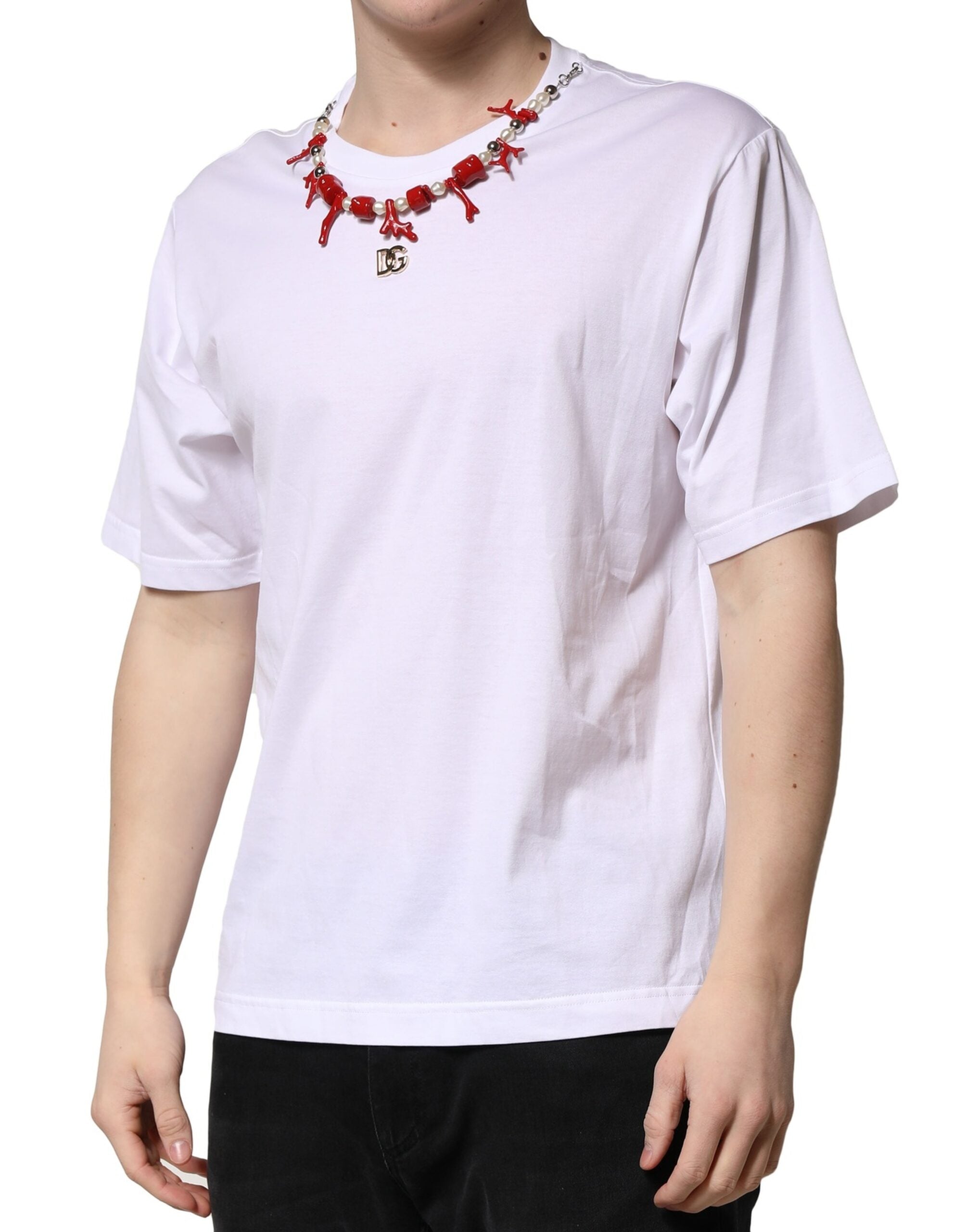 Dolce &amp; Gabbana Weißes verziertes Baumwoll-T-Shirt mit Rundhalsausschnitt