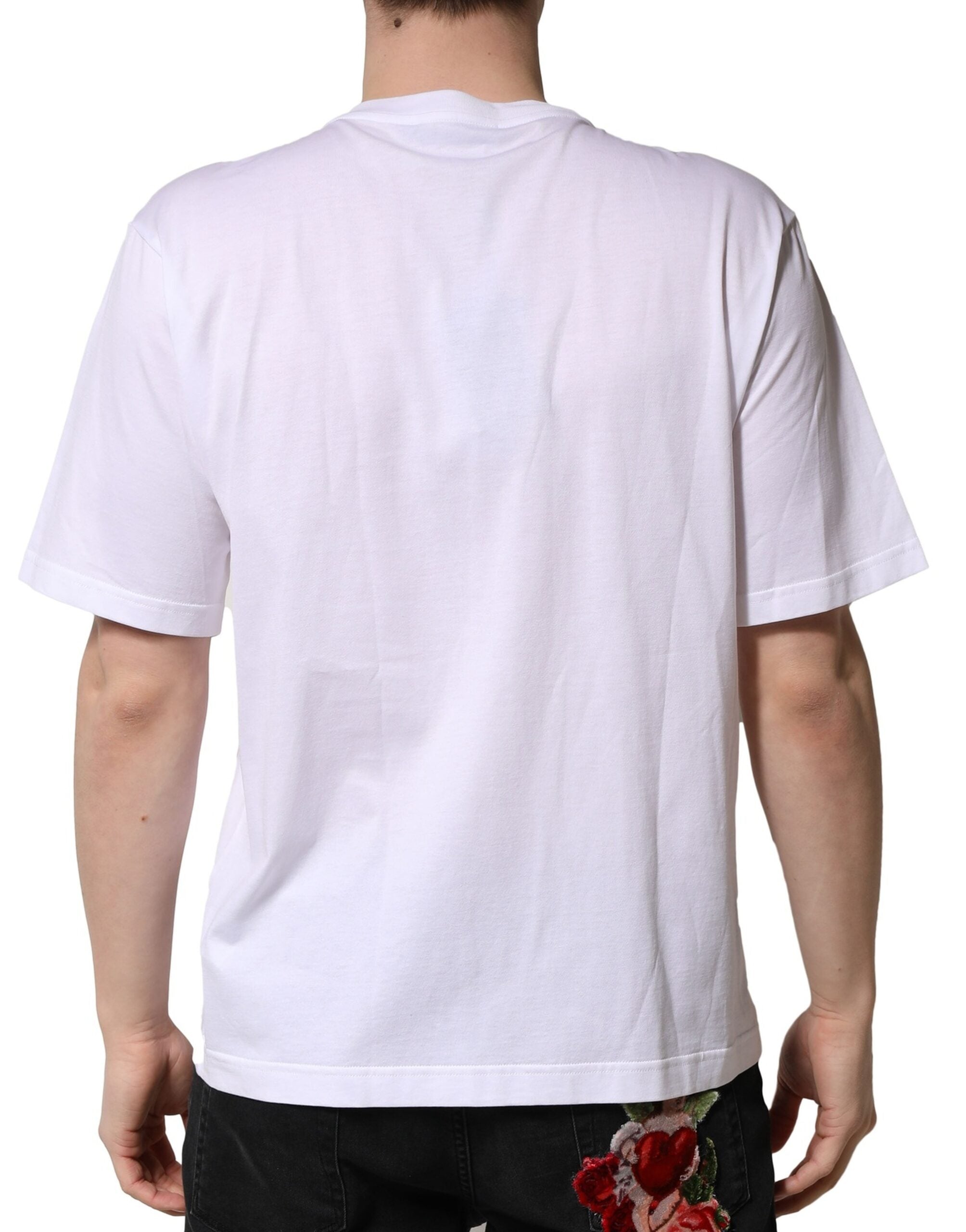 Dolce &amp; Gabbana Weißes verziertes Baumwoll-T-Shirt mit Rundhalsausschnitt