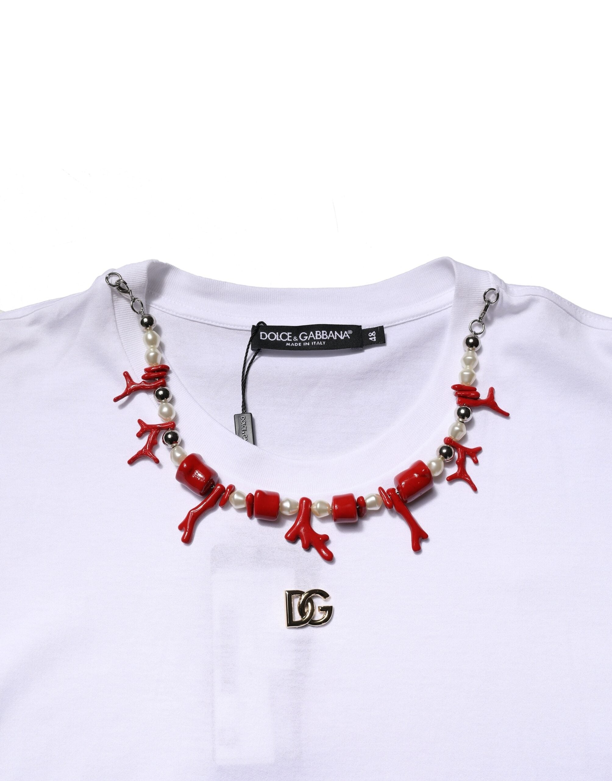 Dolce &amp; Gabbana Weißes verziertes Baumwoll-T-Shirt mit Rundhalsausschnitt