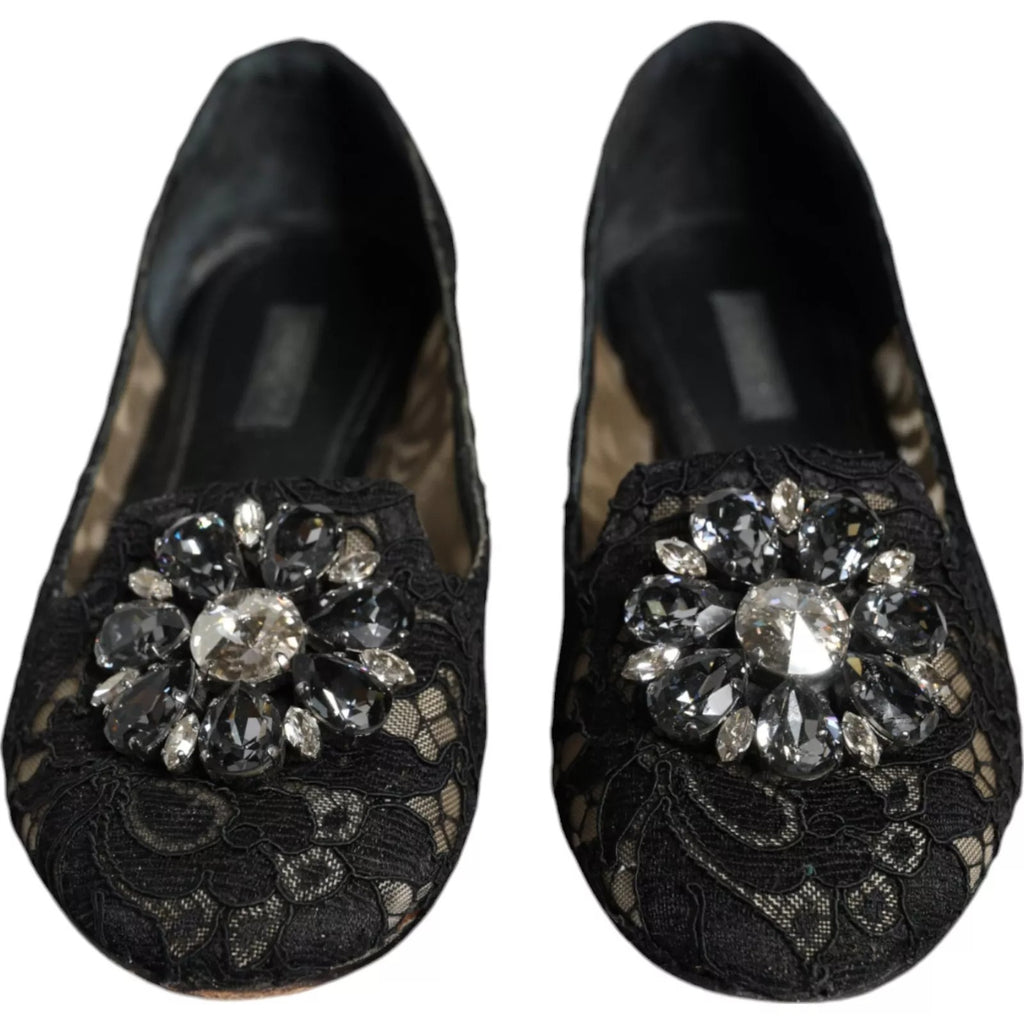 Dolce &amp; Gabbana – Schwarze Ballerinas mit Spitze und Kristallen, Halbschuhe