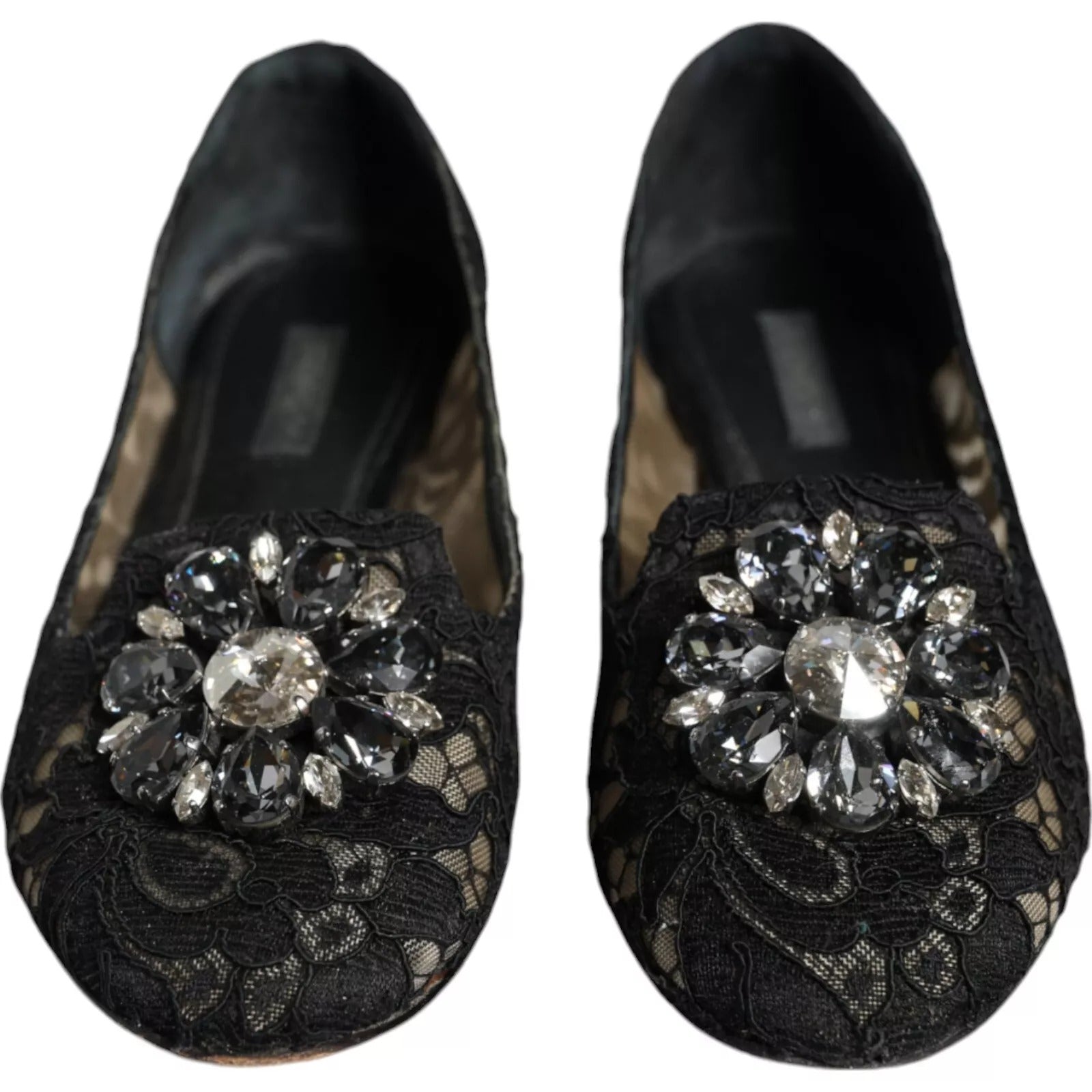 Dolce &amp; Gabbana – Schwarze Ballerinas mit Spitze und Kristallen, Halbschuhe