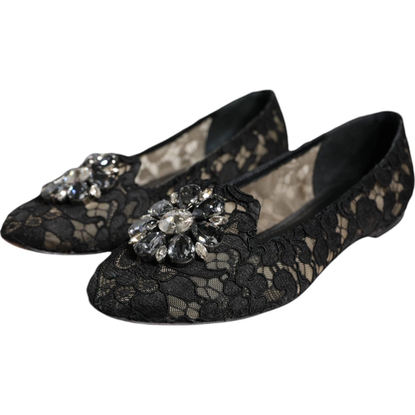 Dolce &amp; Gabbana – Schwarze Ballerinas mit Spitze und Kristallen, Halbschuhe