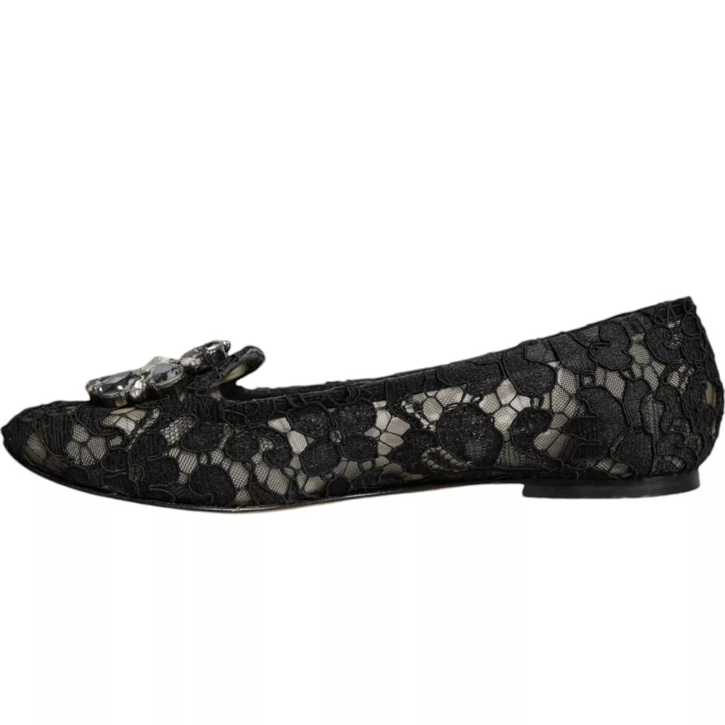 Dolce &amp; Gabbana – Schwarze Ballerinas mit Spitze und Kristallen, Halbschuhe