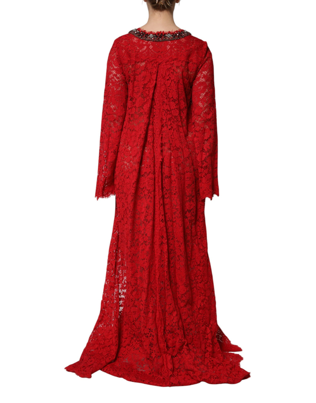 Dolce &amp; Gabbana – Rotes Kleid mit Blumenspitze und Strassverzierung