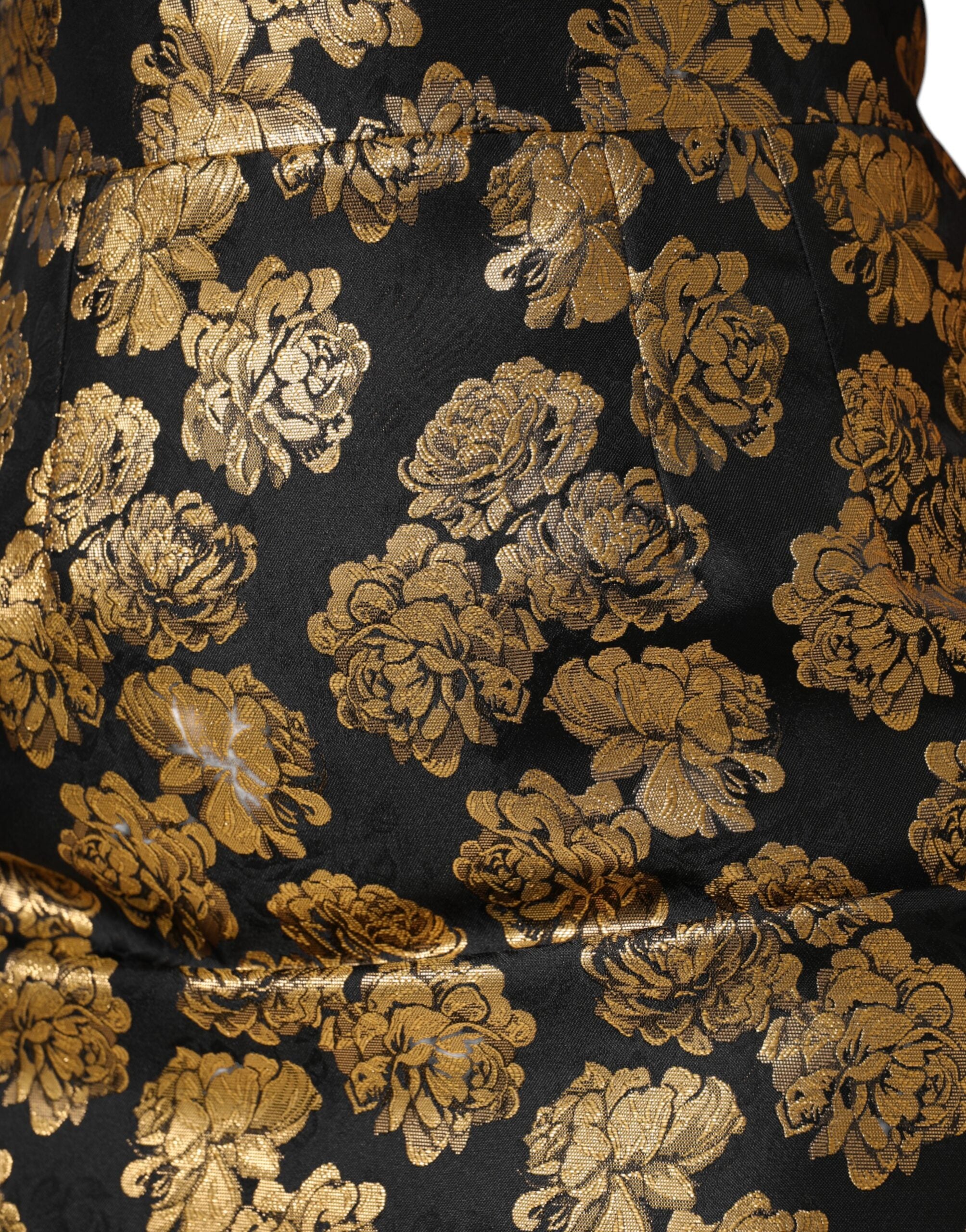 Dolce &amp; Gabbana – Schwarz-goldener Jacquard-Minirock mit Blumendruck