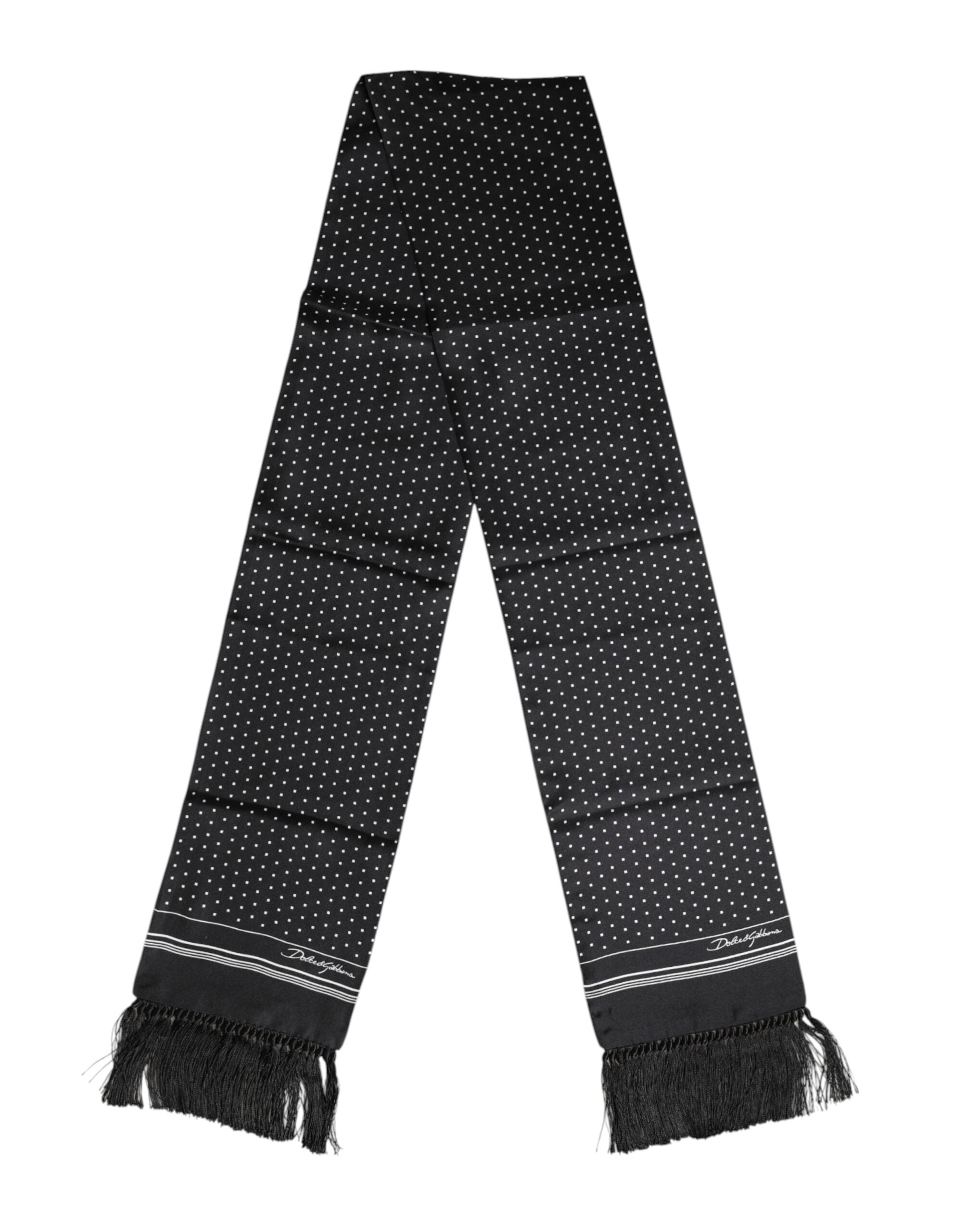 Dolce &amp; Gabbana – Schwarz-weißer Foulard-Schal mit gepunkteten Fransen