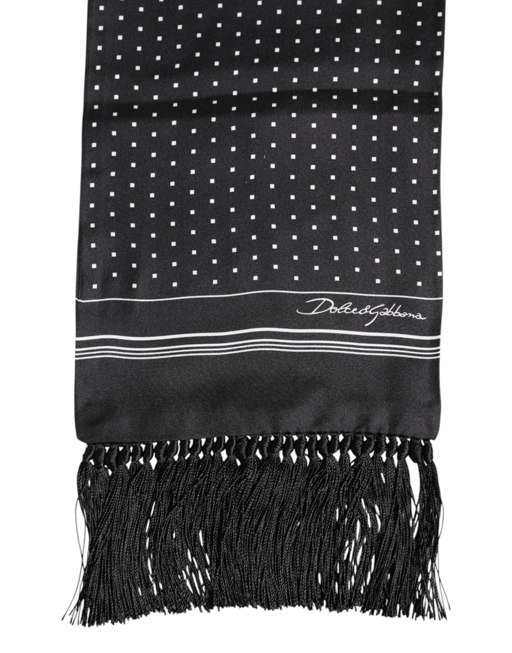 Dolce &amp; Gabbana – Schwarz-weißer Foulard-Schal mit gepunkteten Fransen