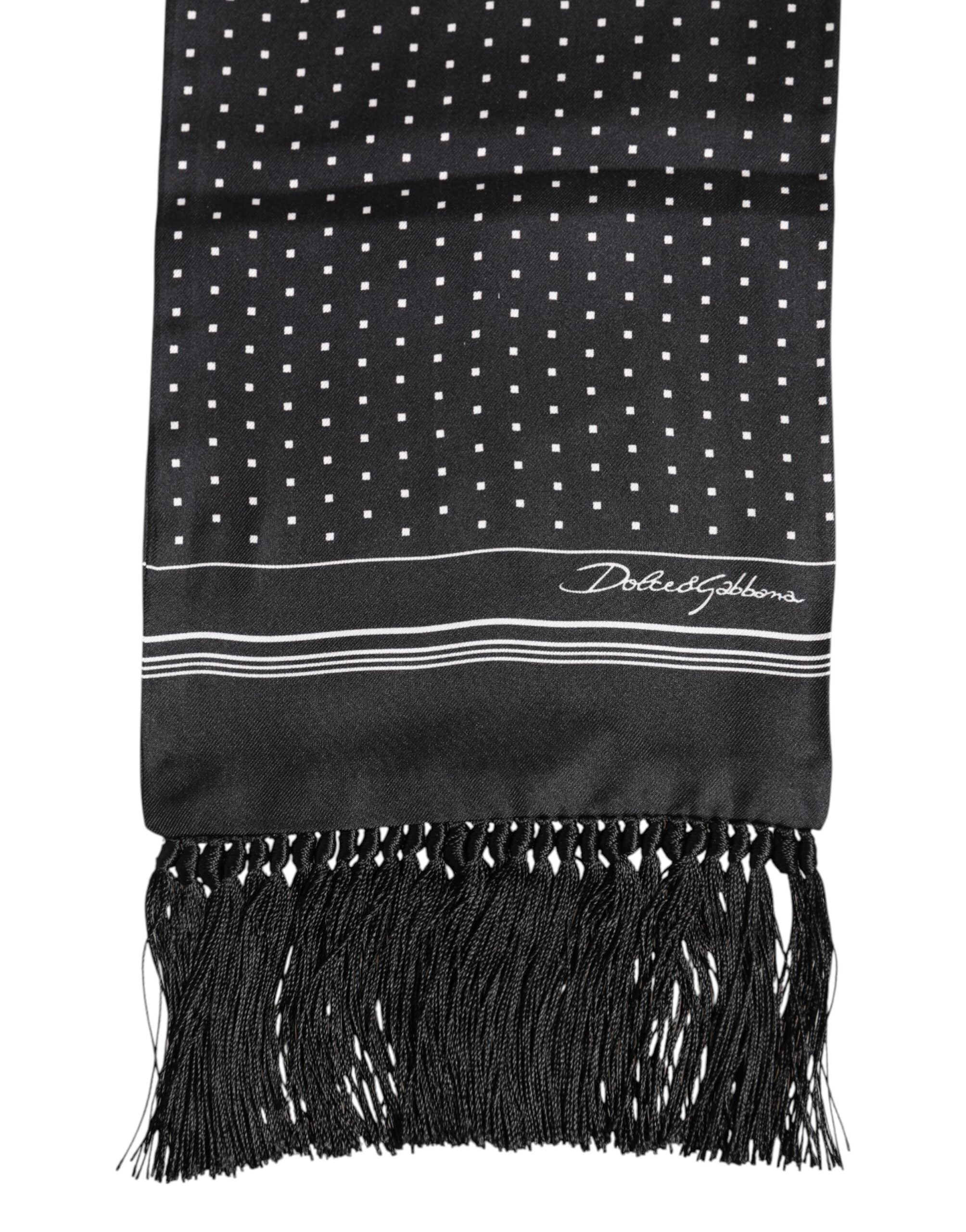 Dolce &amp; Gabbana – Schwarz-weißer Foulard-Schal mit gepunkteten Fransen