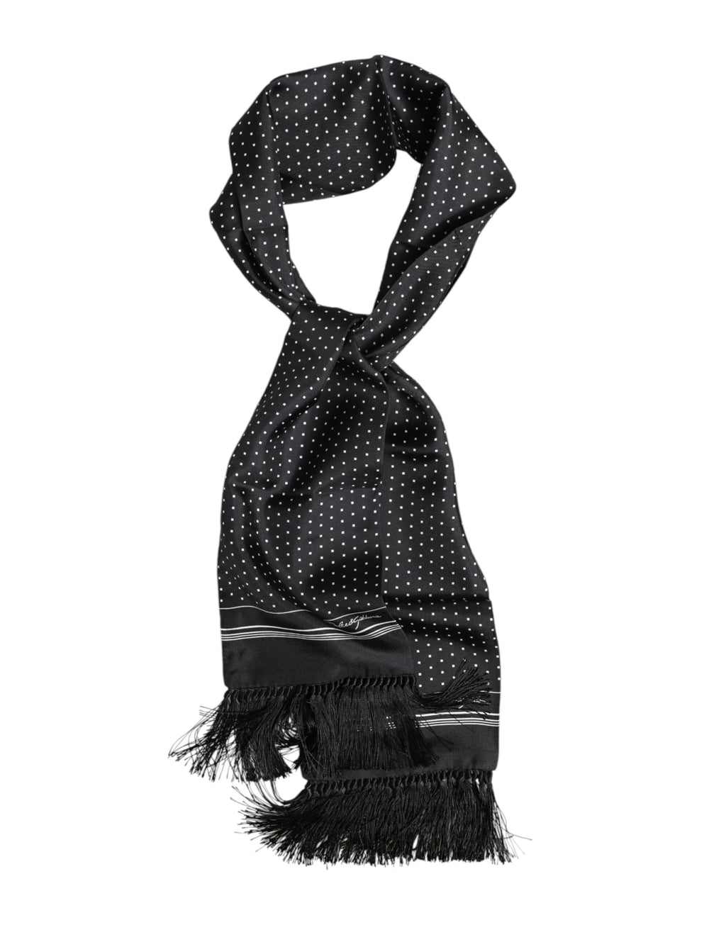 Dolce &amp; Gabbana – Schwarz-weißer Foulard-Schal mit gepunkteten Fransen