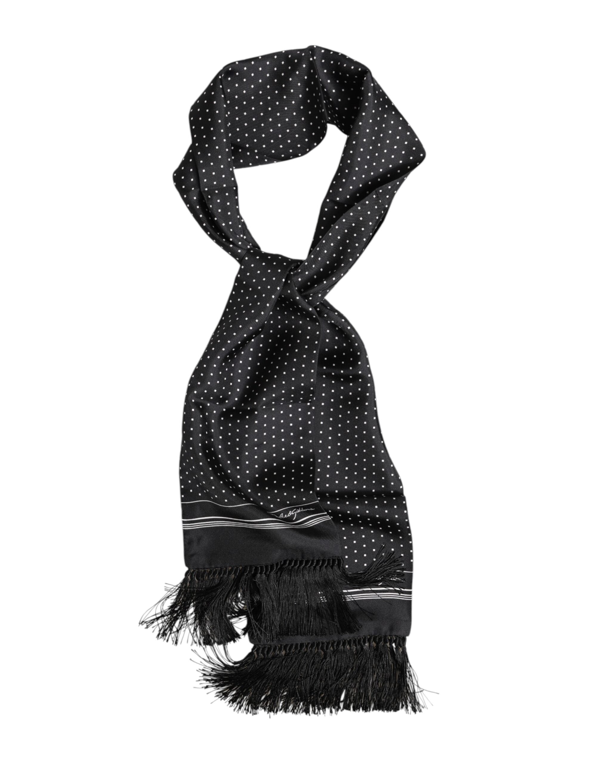 Dolce &amp; Gabbana – Schwarz-weißer Foulard-Schal mit gepunkteten Fransen