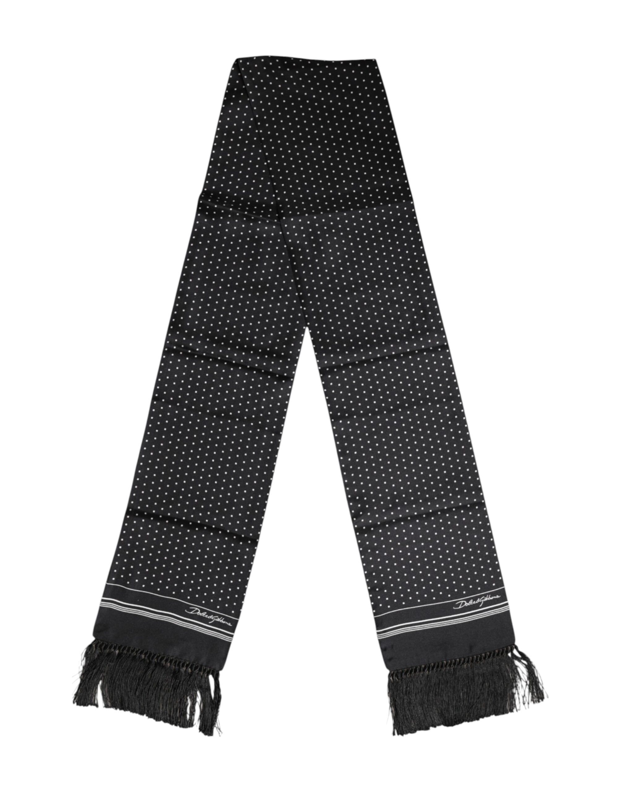 Dolce &amp; Gabbana – Schwarz-weißer Foulard-Schal mit gepunkteten Fransen