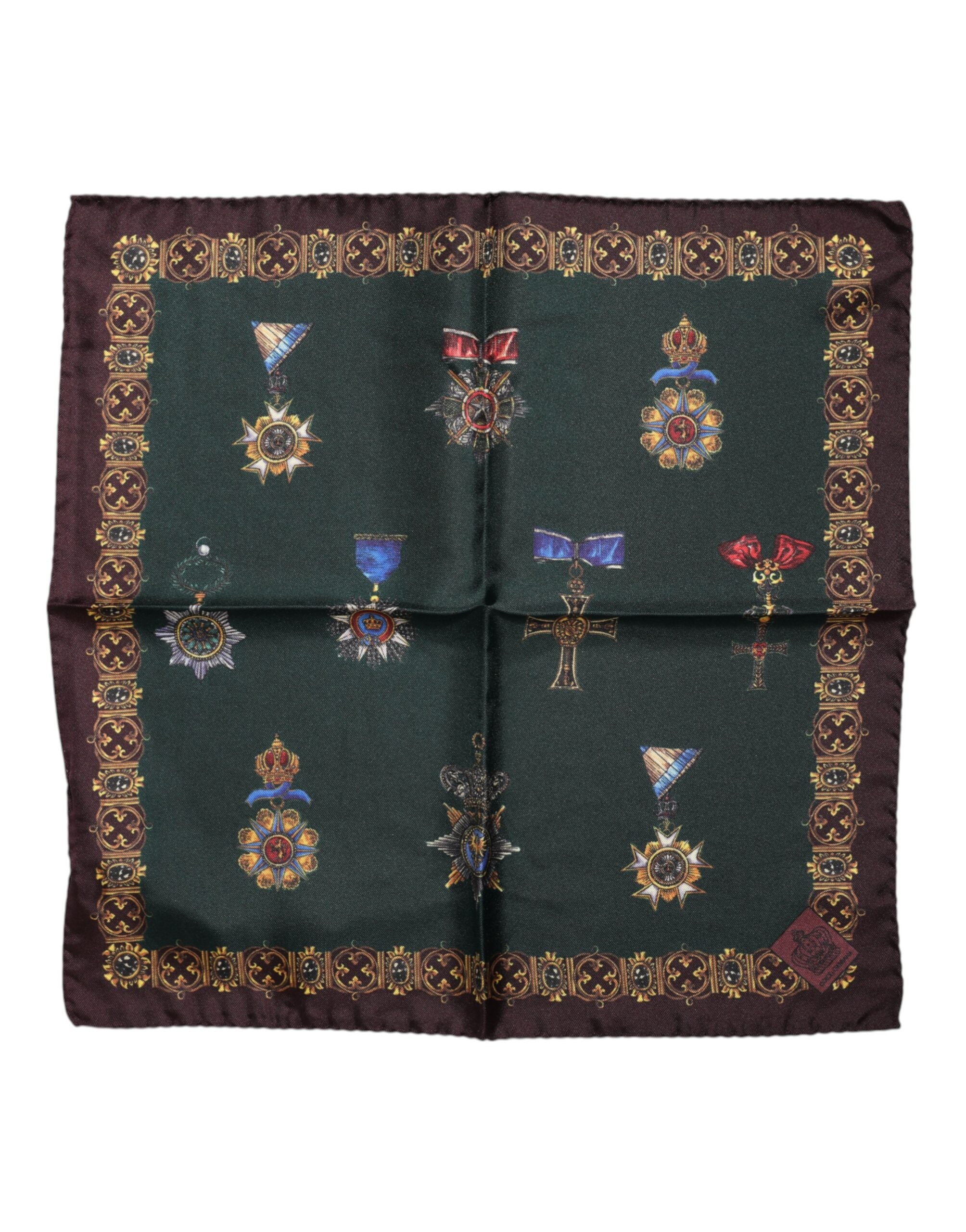 Dolce &amp; Gabbana Grüner quadratischer Seiden-Foulardschal mit Medaillen