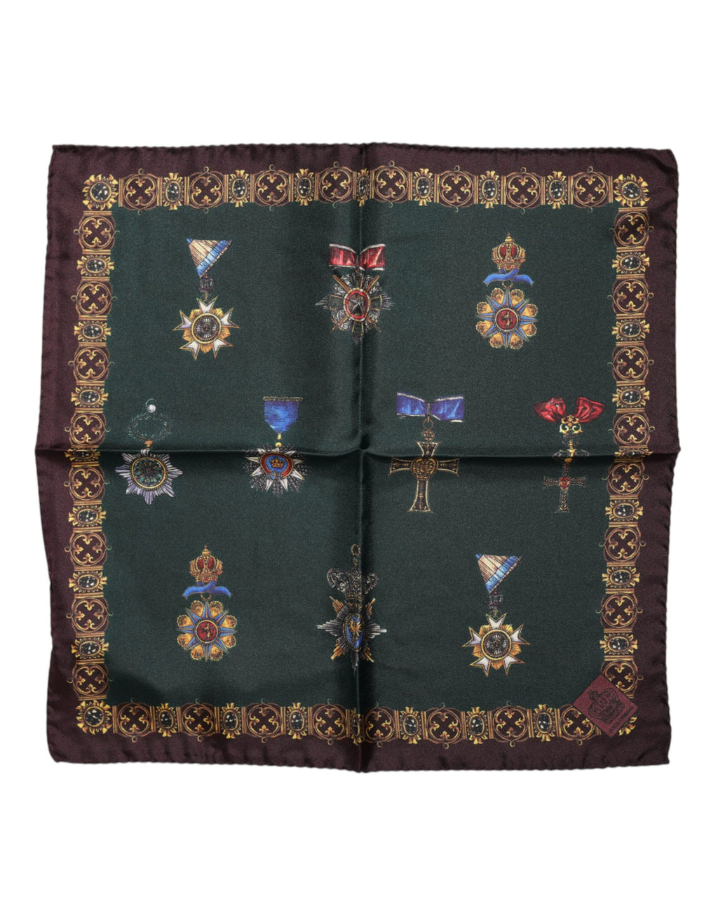 Dolce &amp; Gabbana Grüner quadratischer Seiden-Foulardschal mit Medaillen