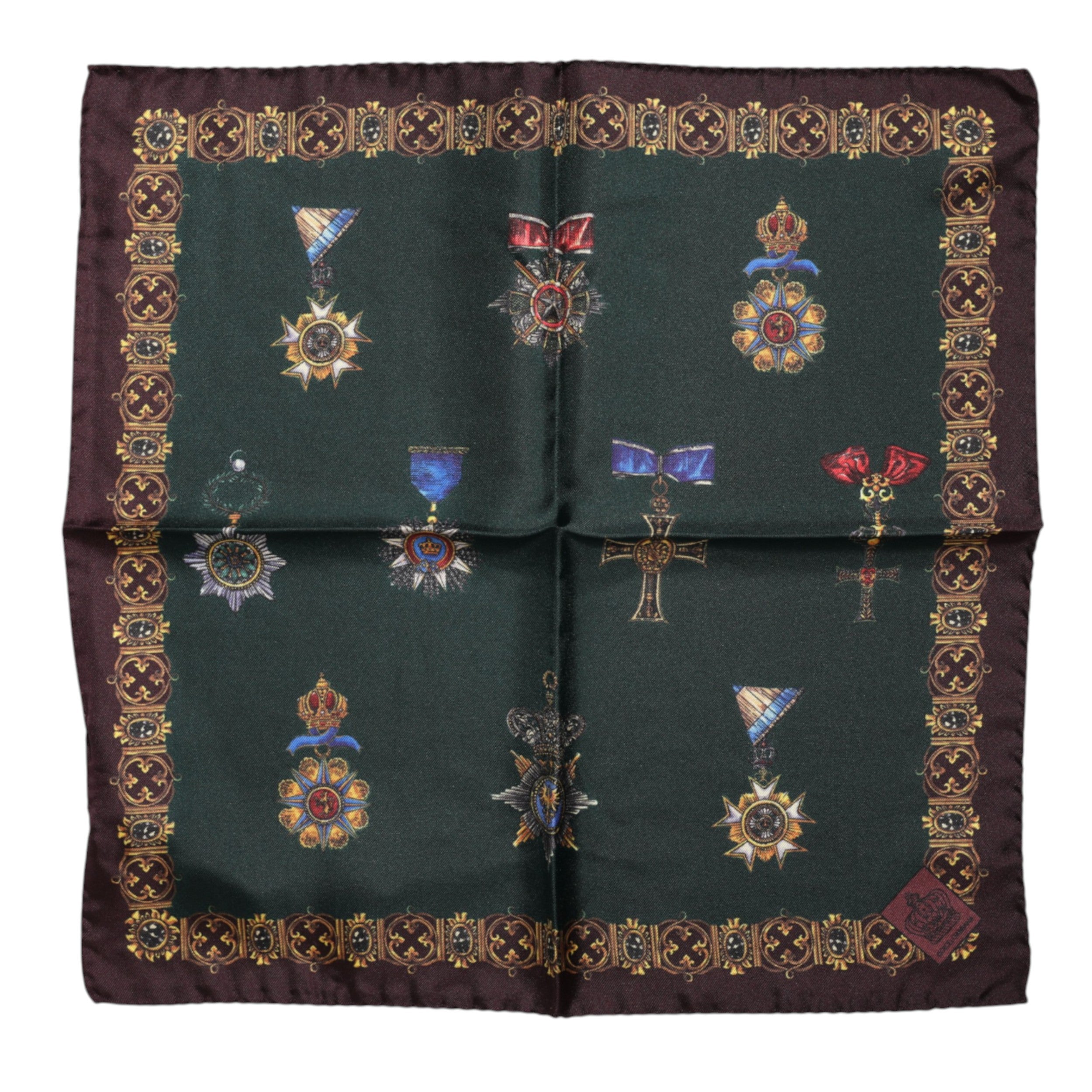 Dolce &amp; Gabbana Grüner quadratischer Seiden-Foulardschal mit Medaillen