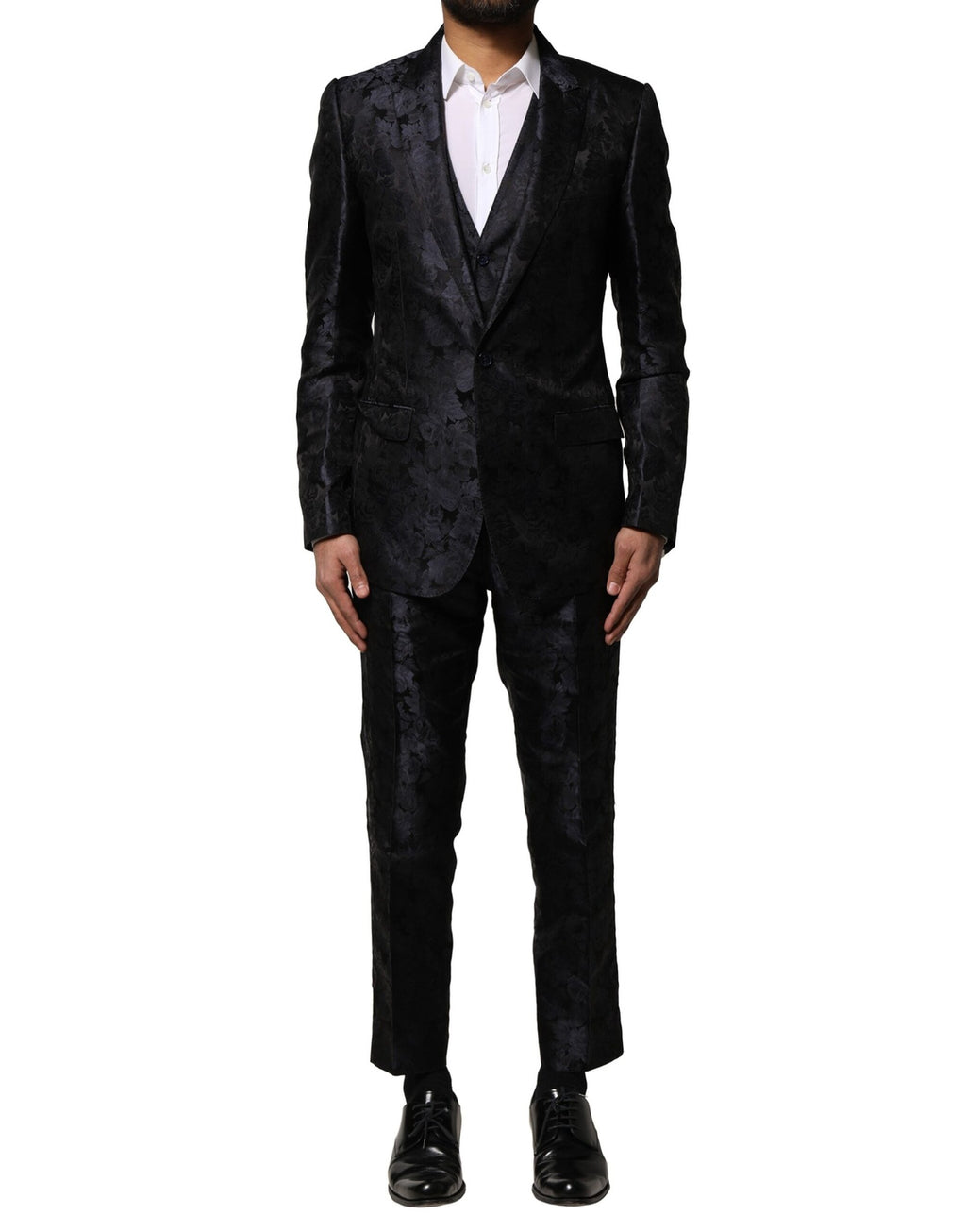 Dolce &amp; Gabbana – Schwarzer, einreihiger 3-teiliger Jacquard-Anzug