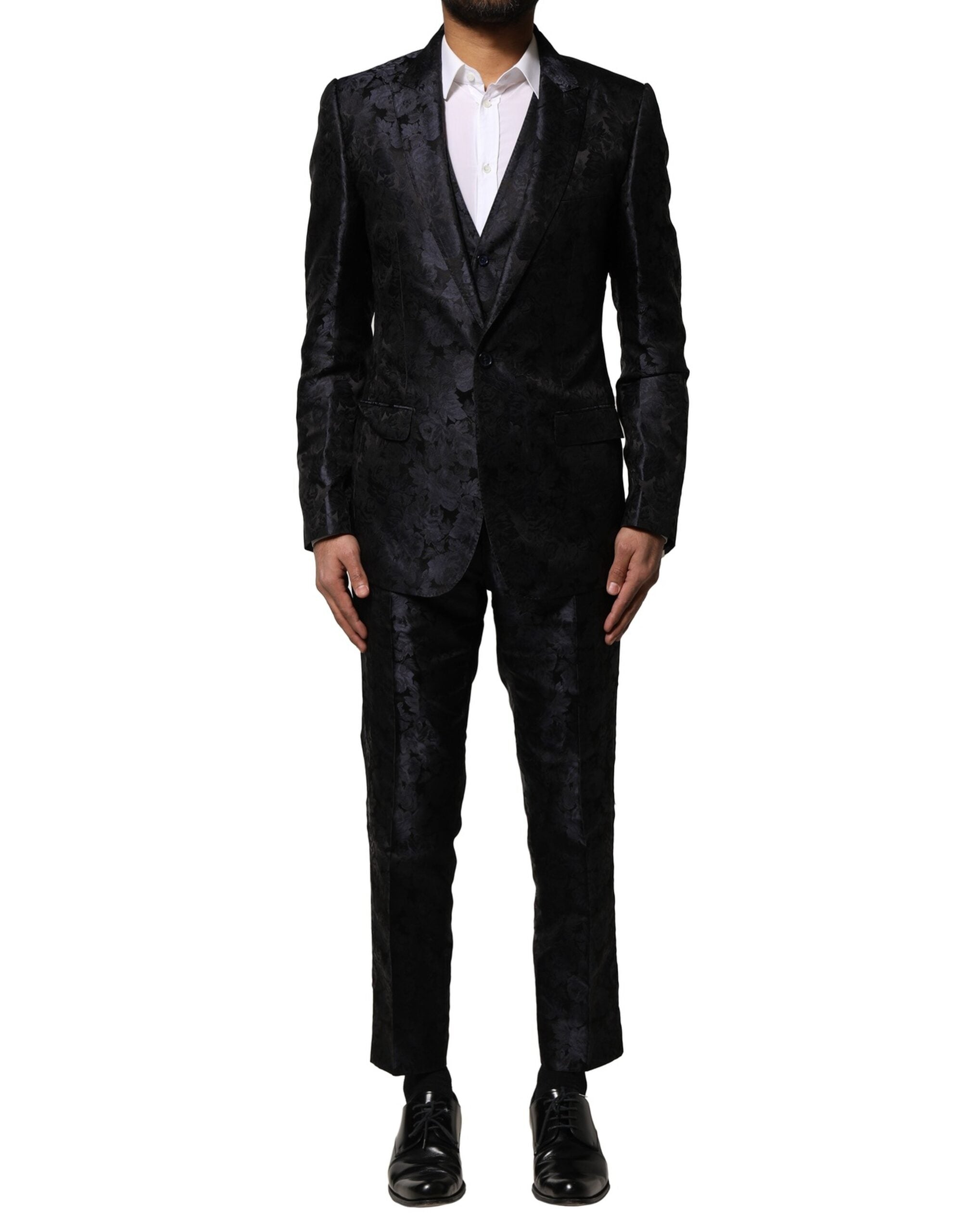 Dolce &amp; Gabbana – Schwarzer, einreihiger 3-teiliger Jacquard-Anzug