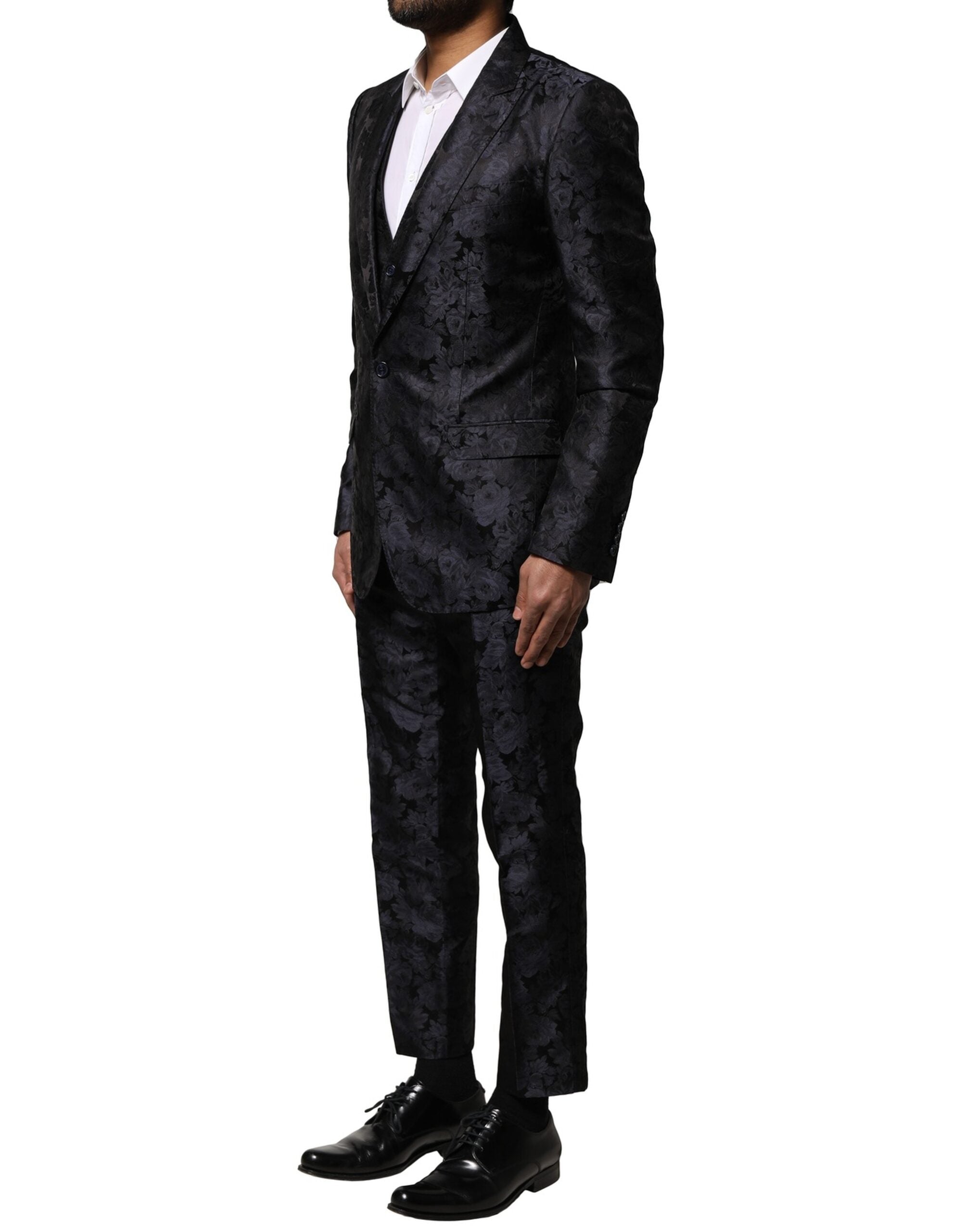 Dolce &amp; Gabbana – Schwarzer, einreihiger 3-teiliger Jacquard-Anzug